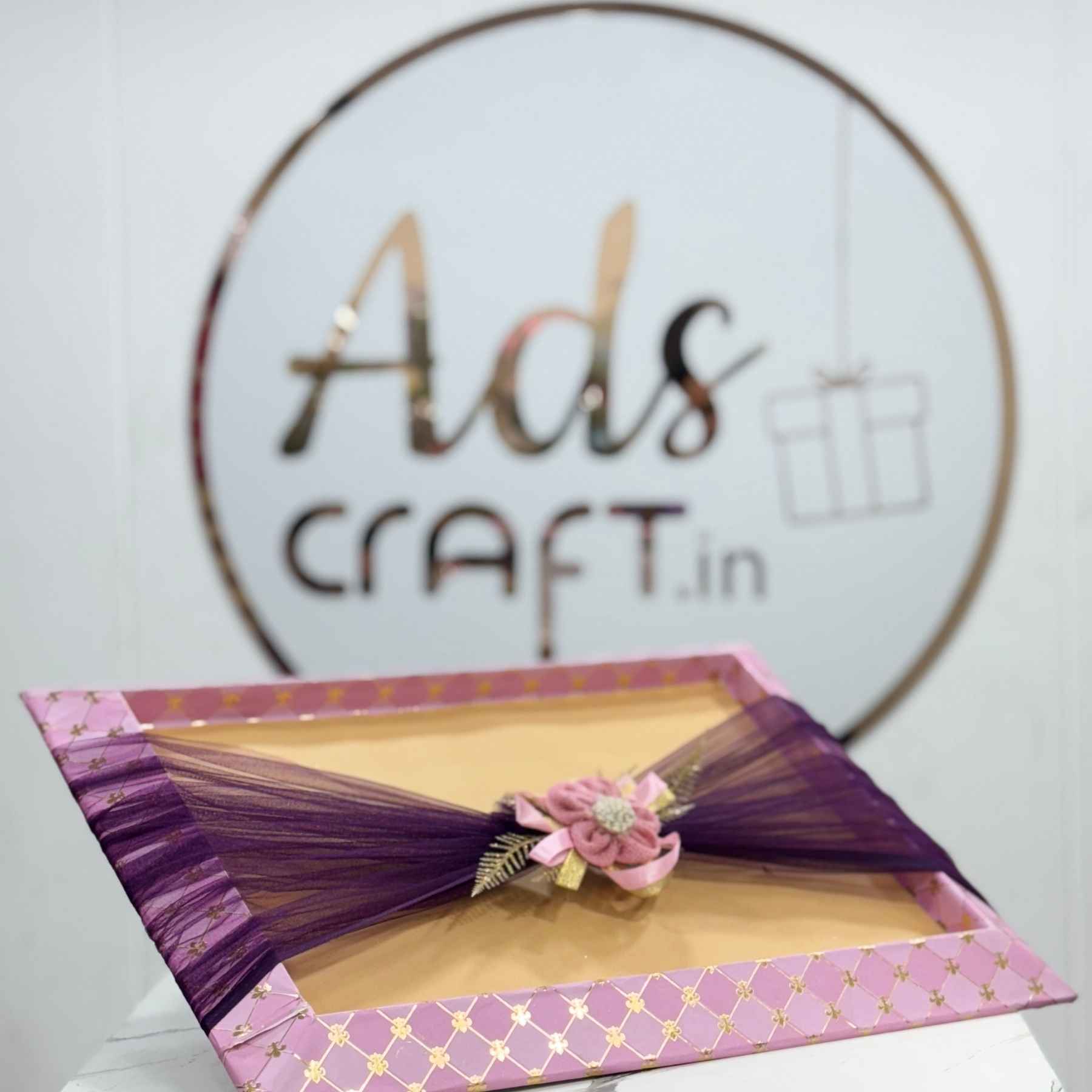 Elegant Ready-to-Use Wedding Trousseau Tray with Purple Organza and Crochet Flower