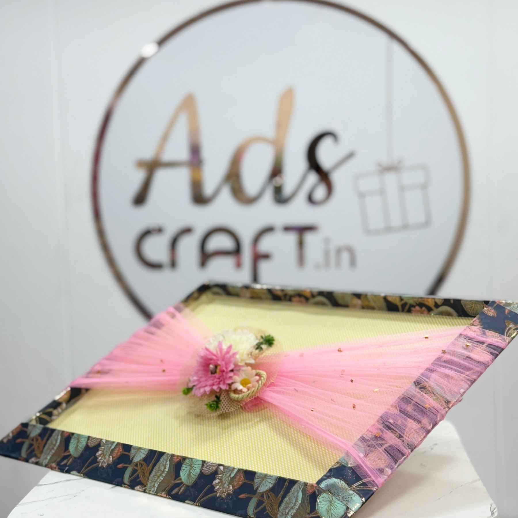 Charming Ready-to-Use Wedding Trousseau Tray with Pink glittery Tulle and Floral decoration