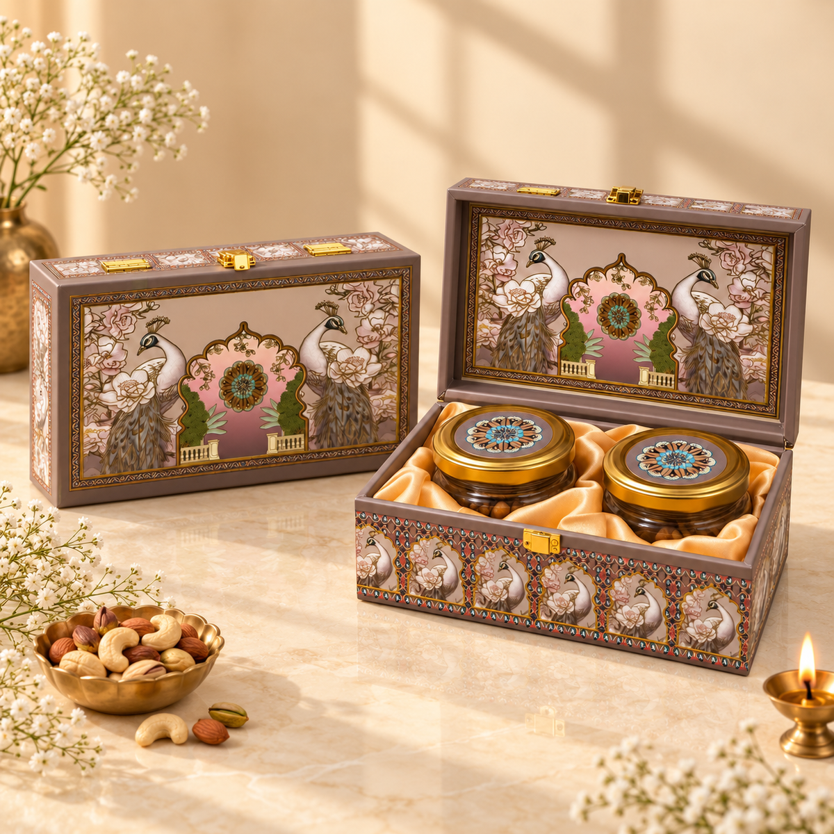 Closed Taupe and Gold Peacock luxury festive hamper box for Diwali, weddings and corporate gifting
