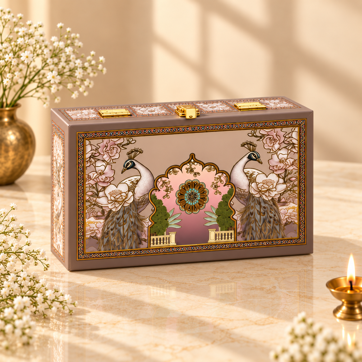 Open Taupe and Gold Peacock hamper box with two empty jars for customized Diwali and wedding gifting