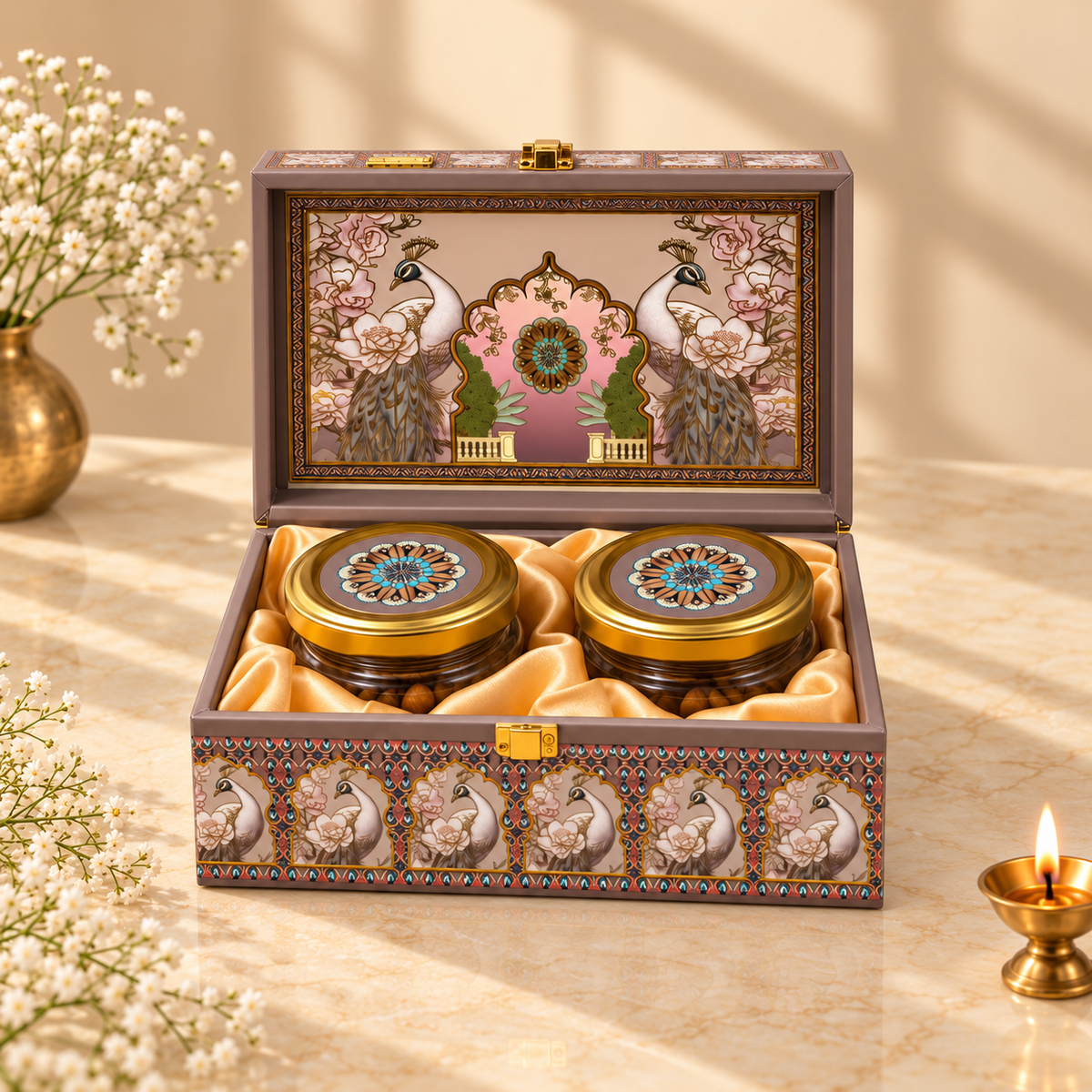 Taupe and Gold Peacock 2-jar luxury festive hamper box for Diwali, weddings and corporate gifting in India