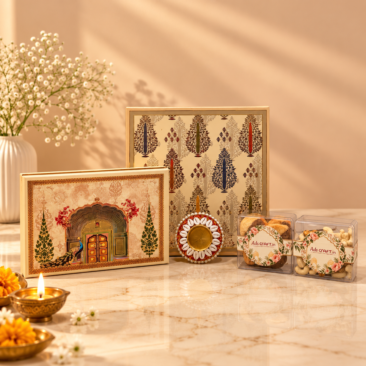 Open Top Bottom Diwali gift box with dry fruit containers, assorted sweets, handicraft diya and festive decor