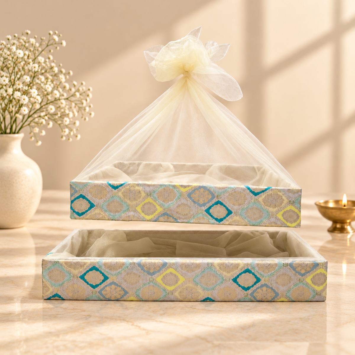 Blue and Gold Brocade 18x12 inch gift tray with geometric pattern and ivory net cover for wedding trousseau packaging