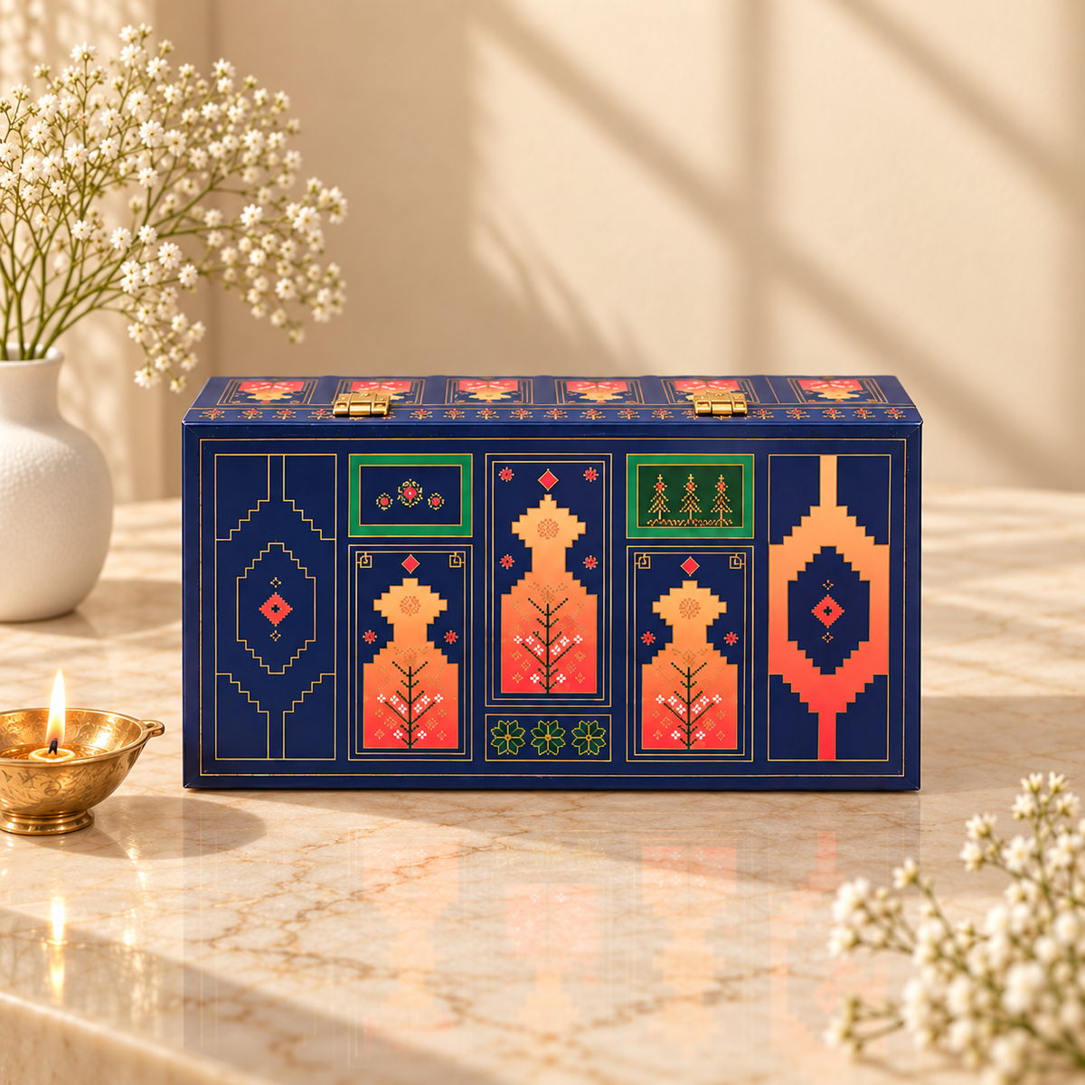 Traditional Blue and Pink Geometric festive gift box with two gold-lid glass jars without dry fruits