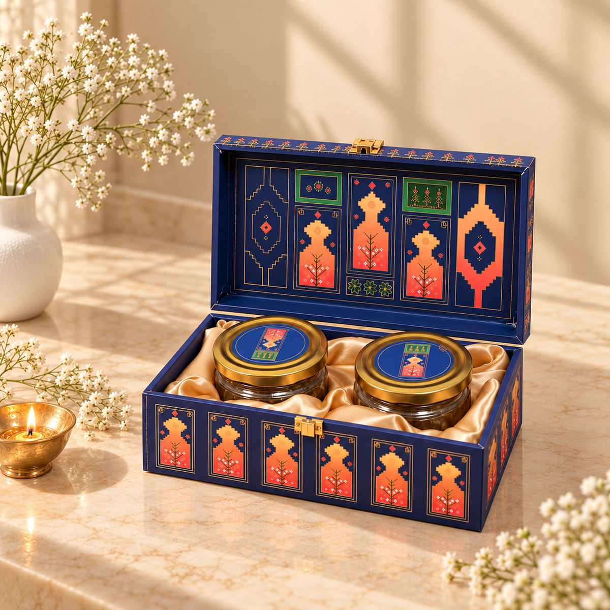 Closed Traditional Blue and Pink Geometric premium gift box for Diwali, weddings and corporate gifting