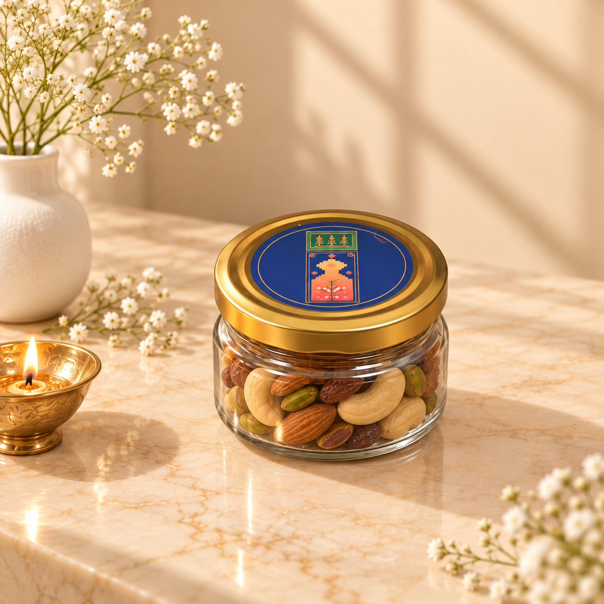 Open Blue and Pink Geometric gift box with two empty gold-lid glass jars for customized festive gifting