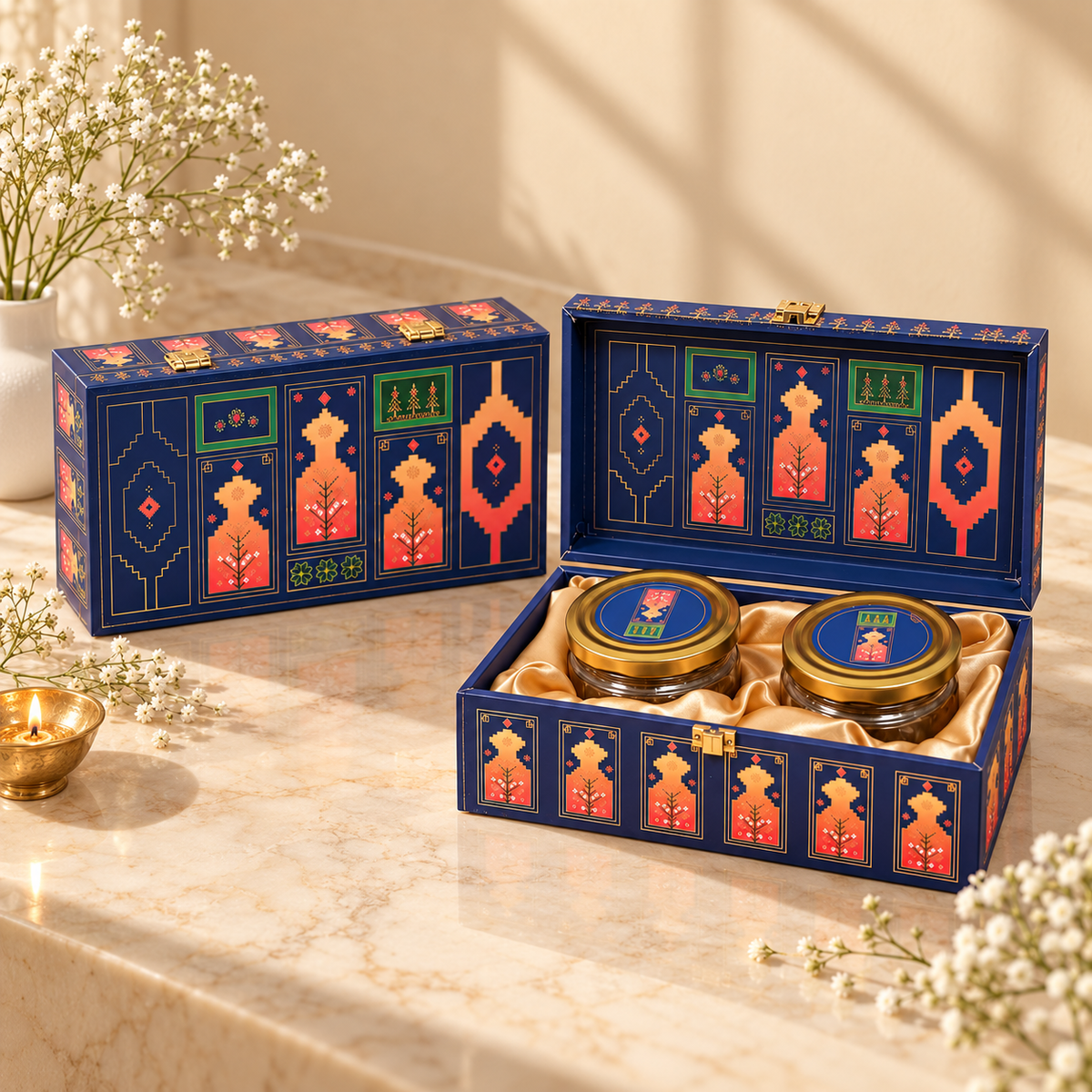 Blue and Pink Geometric gift box with two empty glass jars and gold-finish lids for dry fruits, sweets or mukhwas