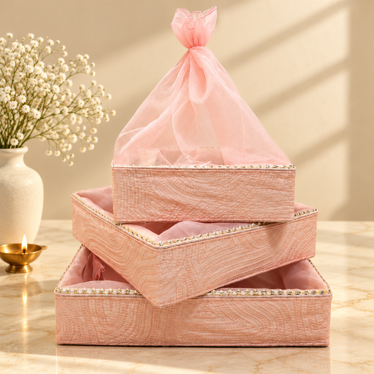 Blush Pink Paisley festive gift tray with sheer pink net cover for premium bridal and wedding hamper presentation