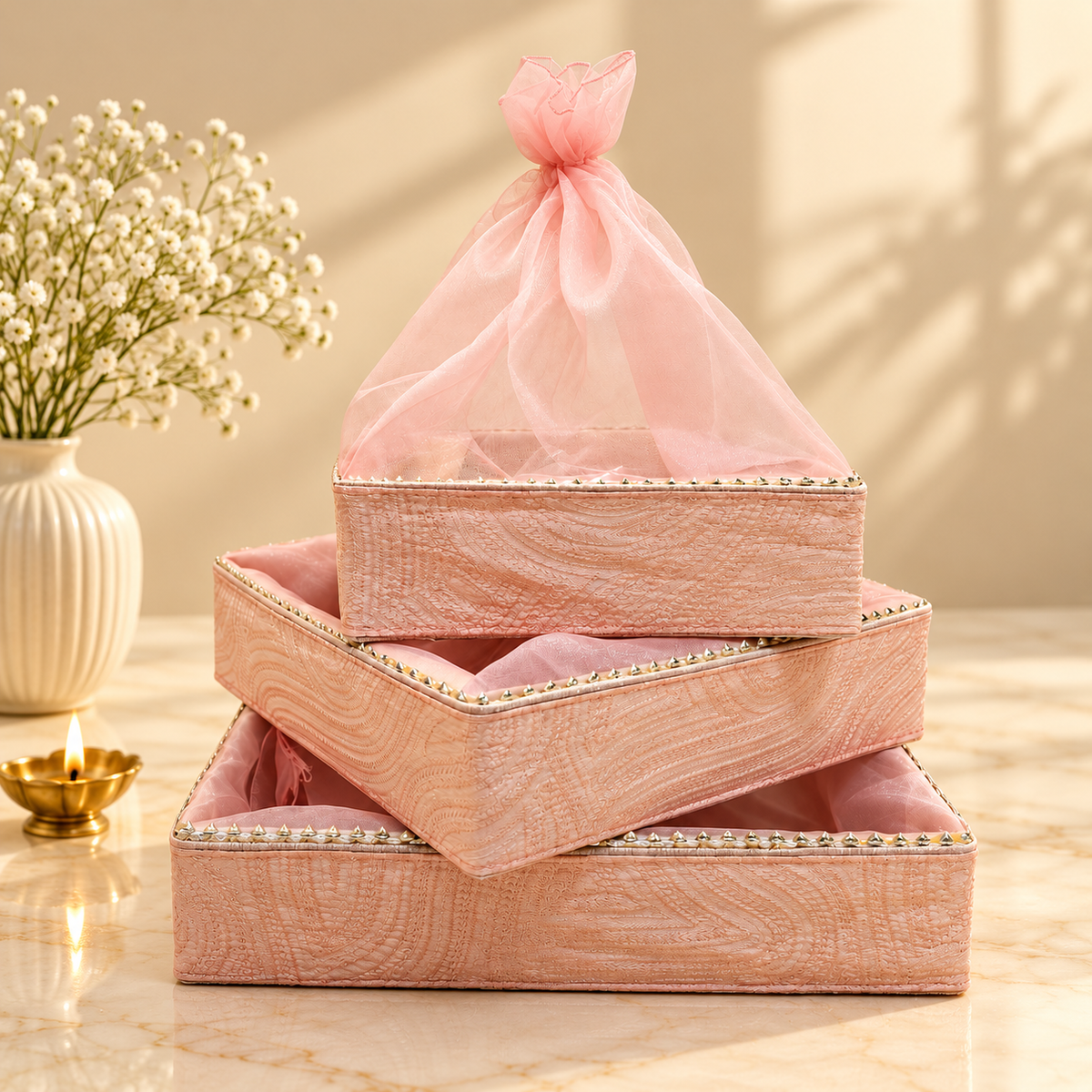 Blush Pink Paisley gift tray with metallic bead trim for wedding trousseau, Diwali hampers and festive gifting