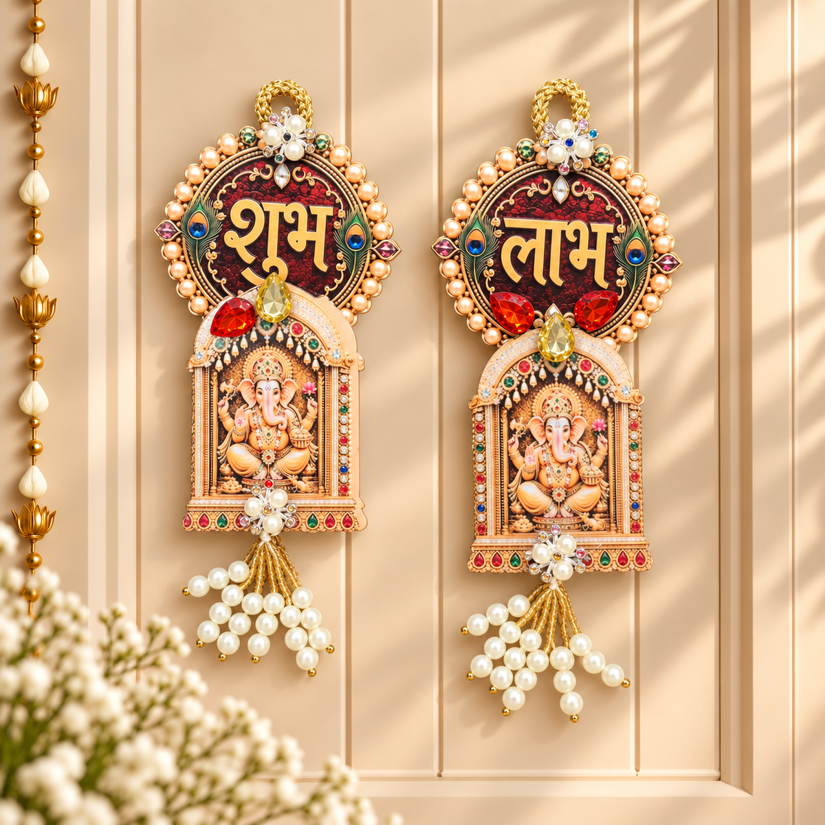 Ganesha Shubh Labh latkan close-up with gemstones, pearls and traditional Indian festive detailing