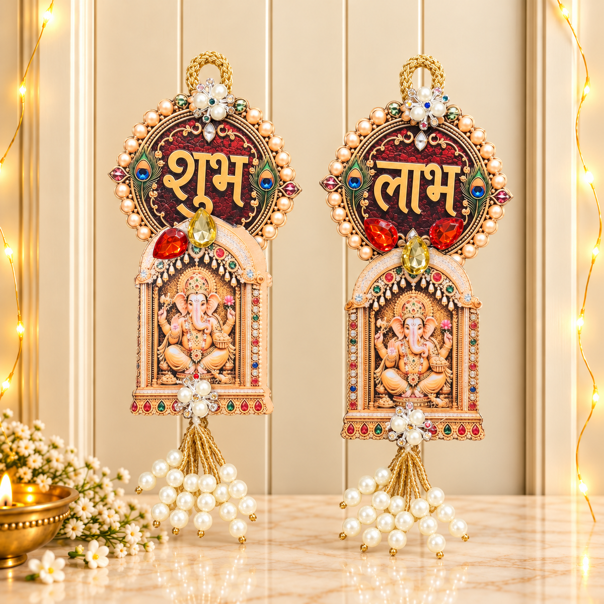 Traditional Ganesha Shubh Labh hanging latkans with gemstones and pearls for Diwali main door decoration