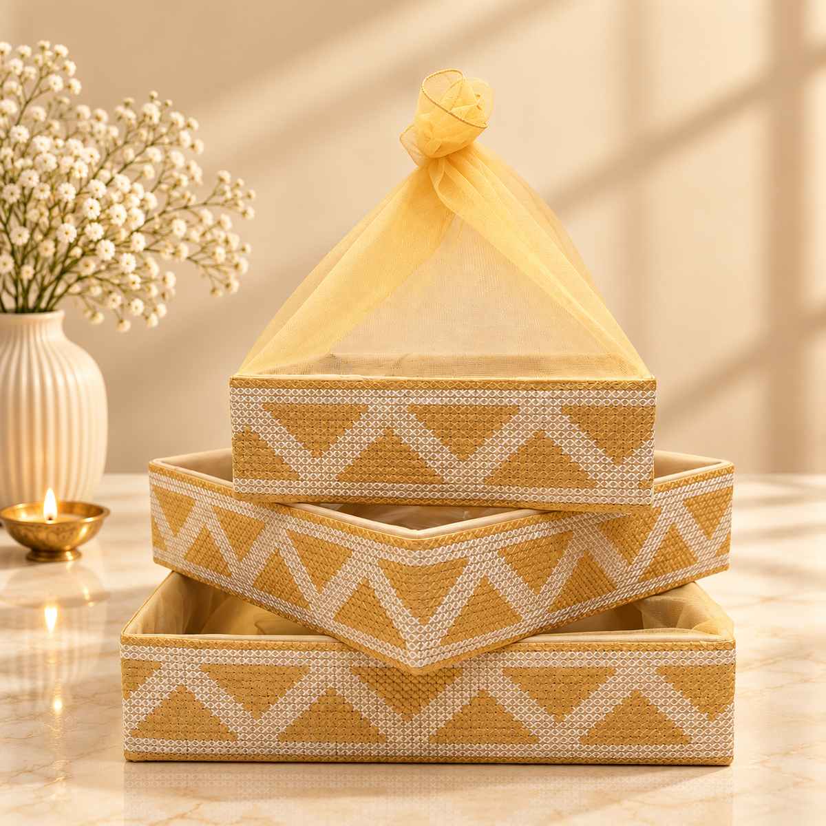 Gold Chevron woven nesting tray set of 3 in 8x8, 10x10 and 12x12 inch sizes with sheer net potli cover