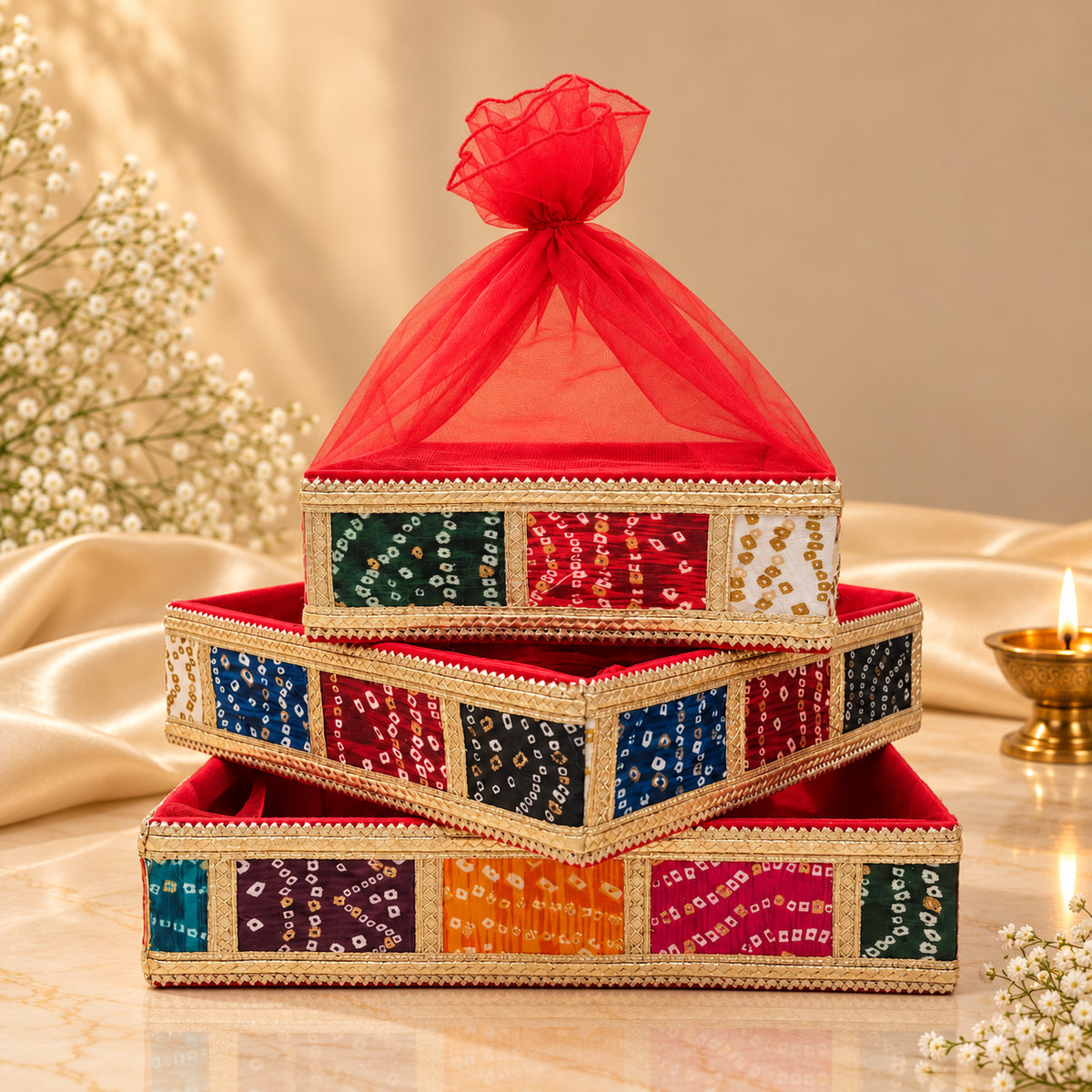 Indian Bandhani Patchwork nesting tray set of 3 with coordinated red sheer net potli covers
