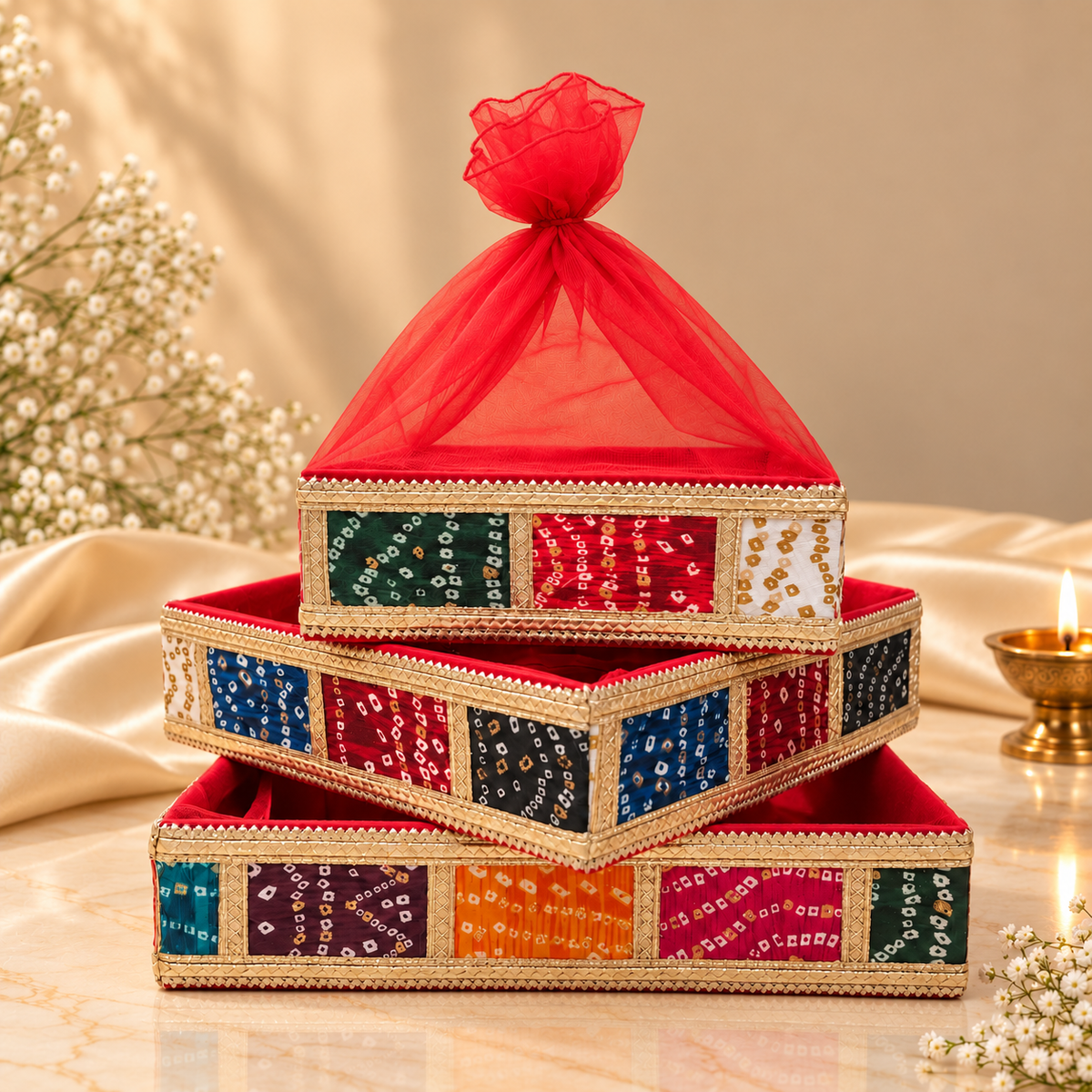 Traditional Indian Bandhani Patchwork nesting tray set of 3 with red sheer net potli cover for wedding and festive gifting in India