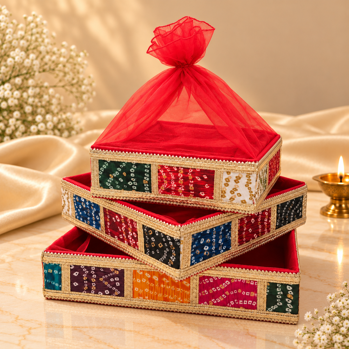 Traditional Bandhani Patchwork woven gift tray for Diwali hampers, wedding trousseau and festive packaging
