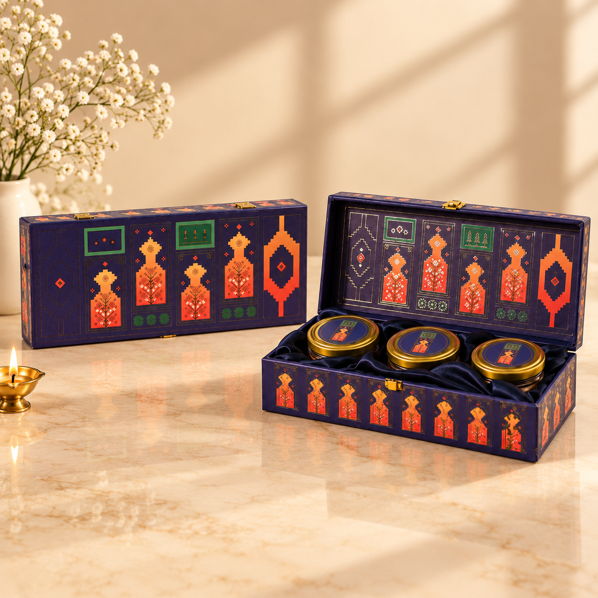 Open Midnight Blue and Orange hamper box with three empty jars for customized festive gifting