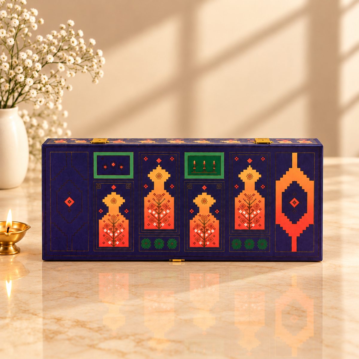 Traditional Midnight Blue and Orange 3-jar luxury festive hamper box for Diwali, weddings and corporate gifting in India