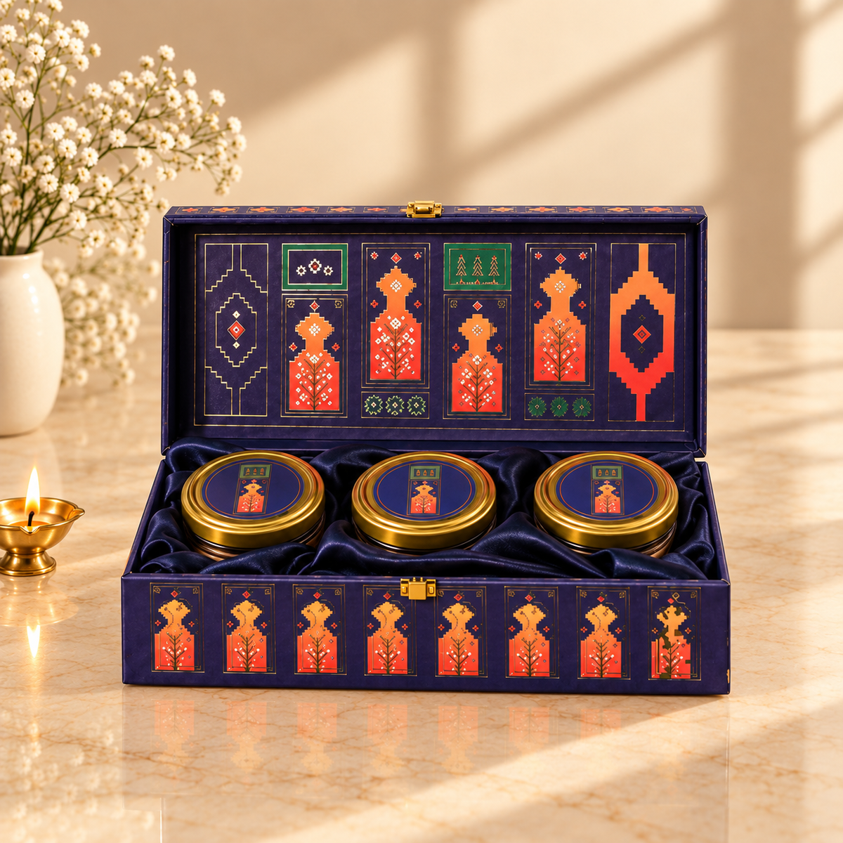 Closed Traditional Midnight Blue and Orange luxury 3-jar hamper box for Diwali and wedding gifting