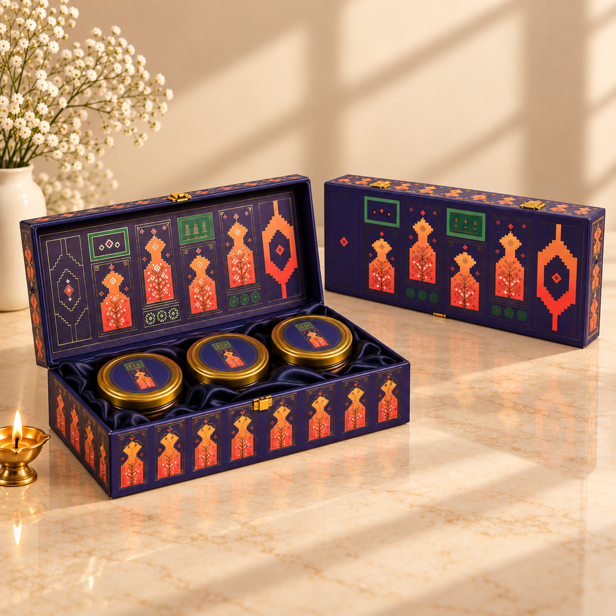Midnight Blue and Orange festive gift box with three empty jars for dry fruits, sweets, mukhwas or chocolates