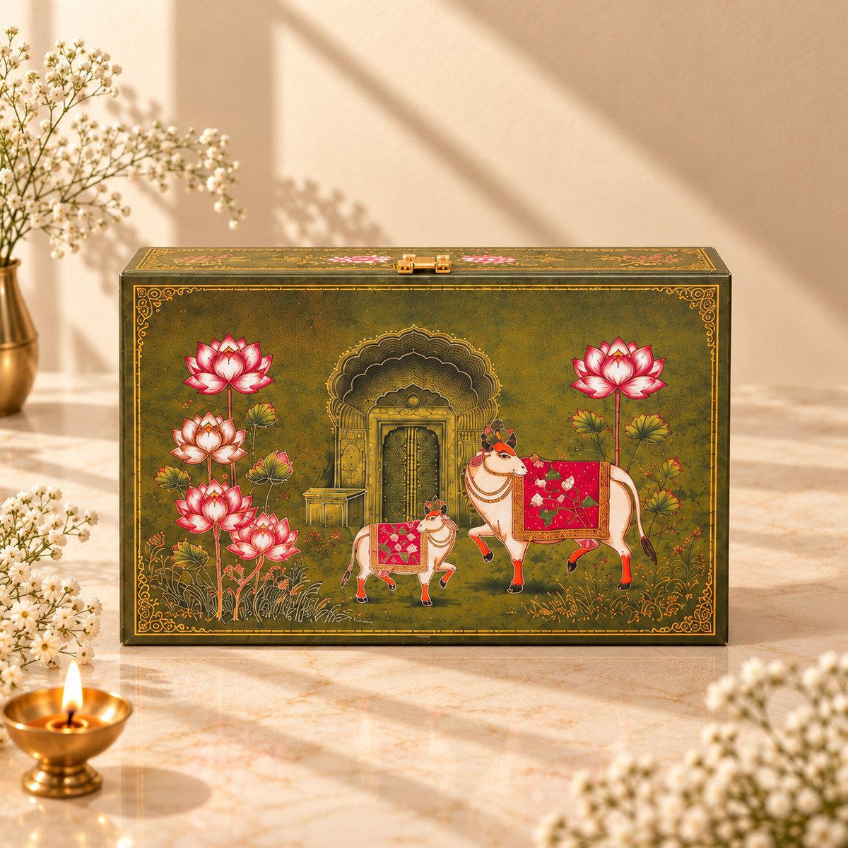 Open Olive Green Pichwai gift box with two empty gold-lid glass jars for customized festive gifting