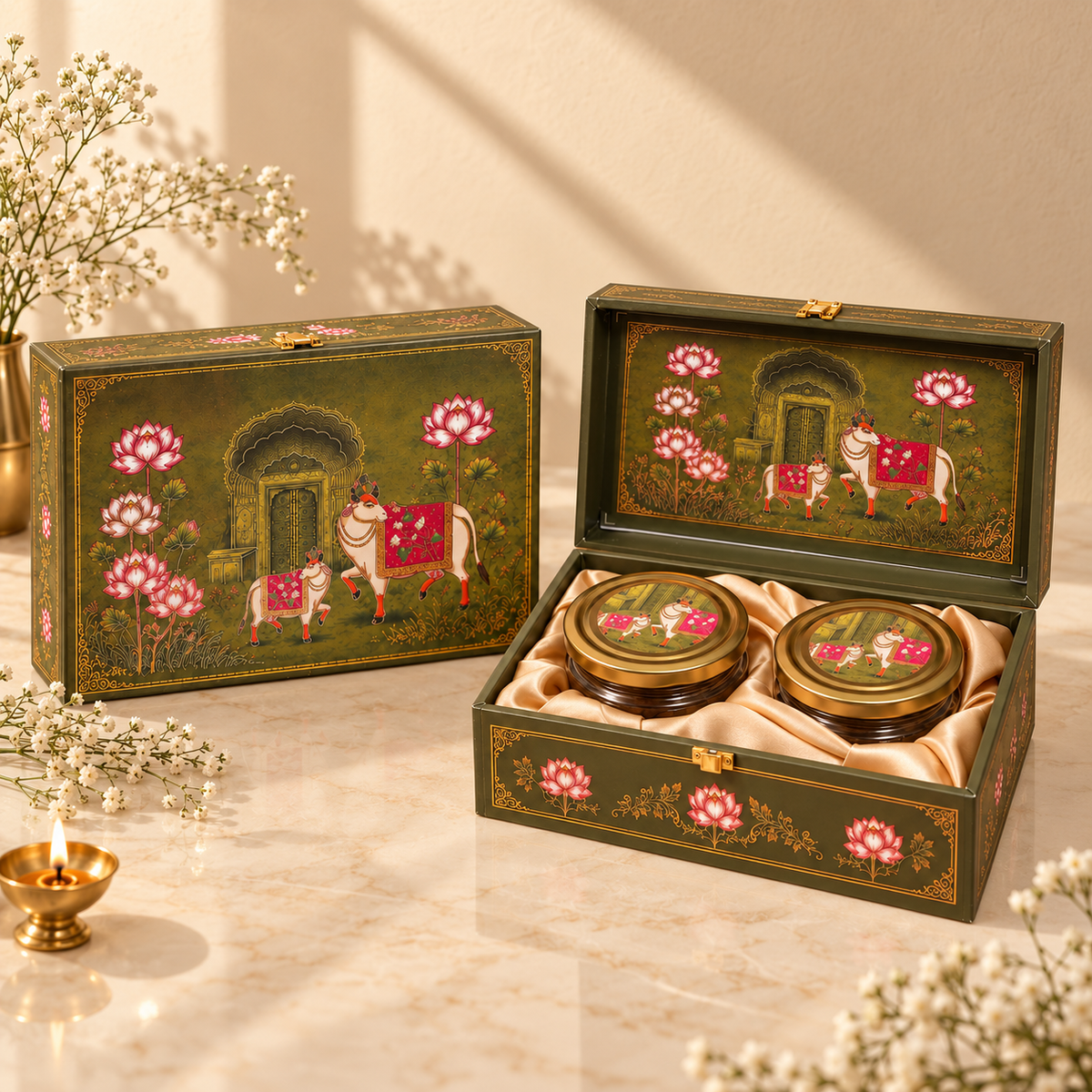 Olive Green Pichwai gift box with two empty glass jars and gold-finish lids for dry fruits, sweets or mukhwas