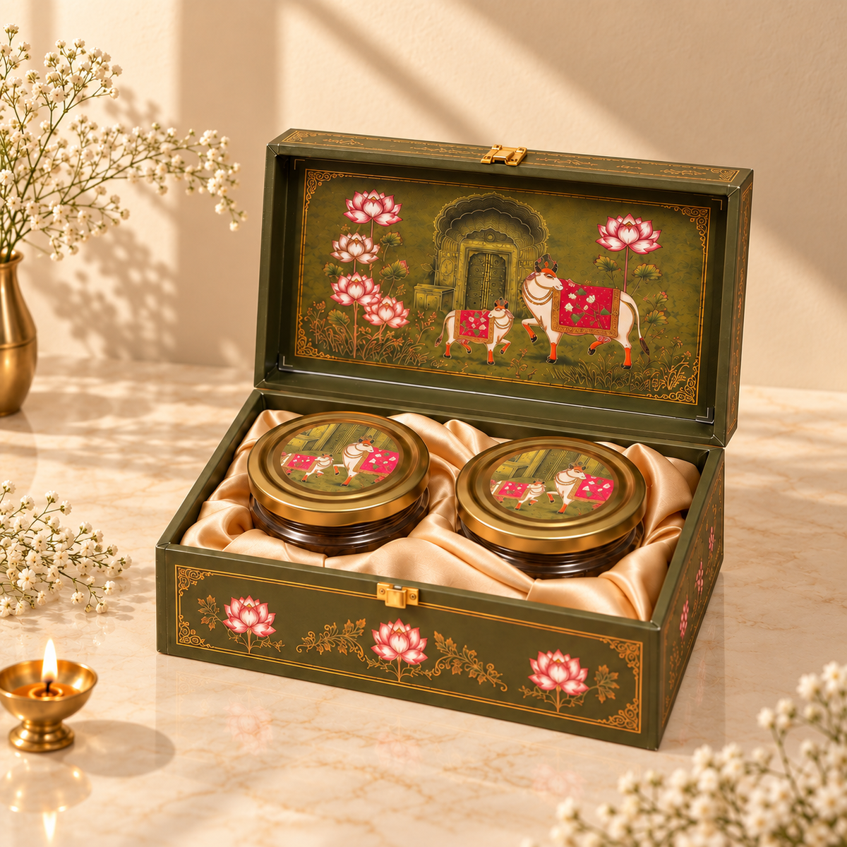 Closed Traditional Olive Green Pichwai premium gift box for Diwali, weddings and corporate gifting