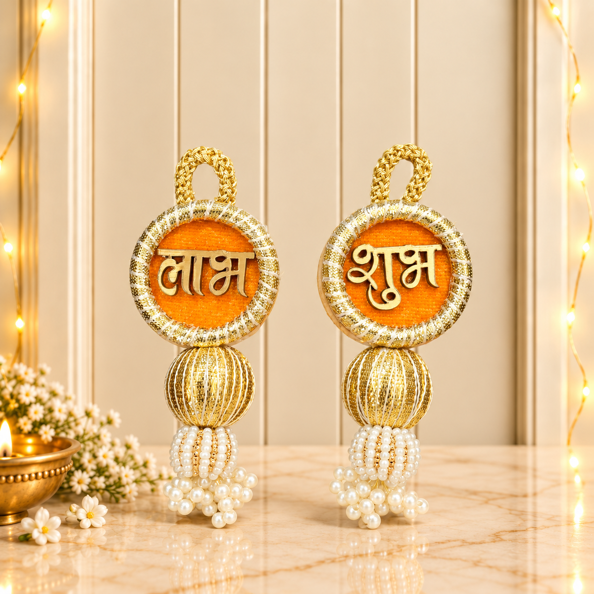 Traditional Orange & Gold Shubh Labh Hanging Latkans