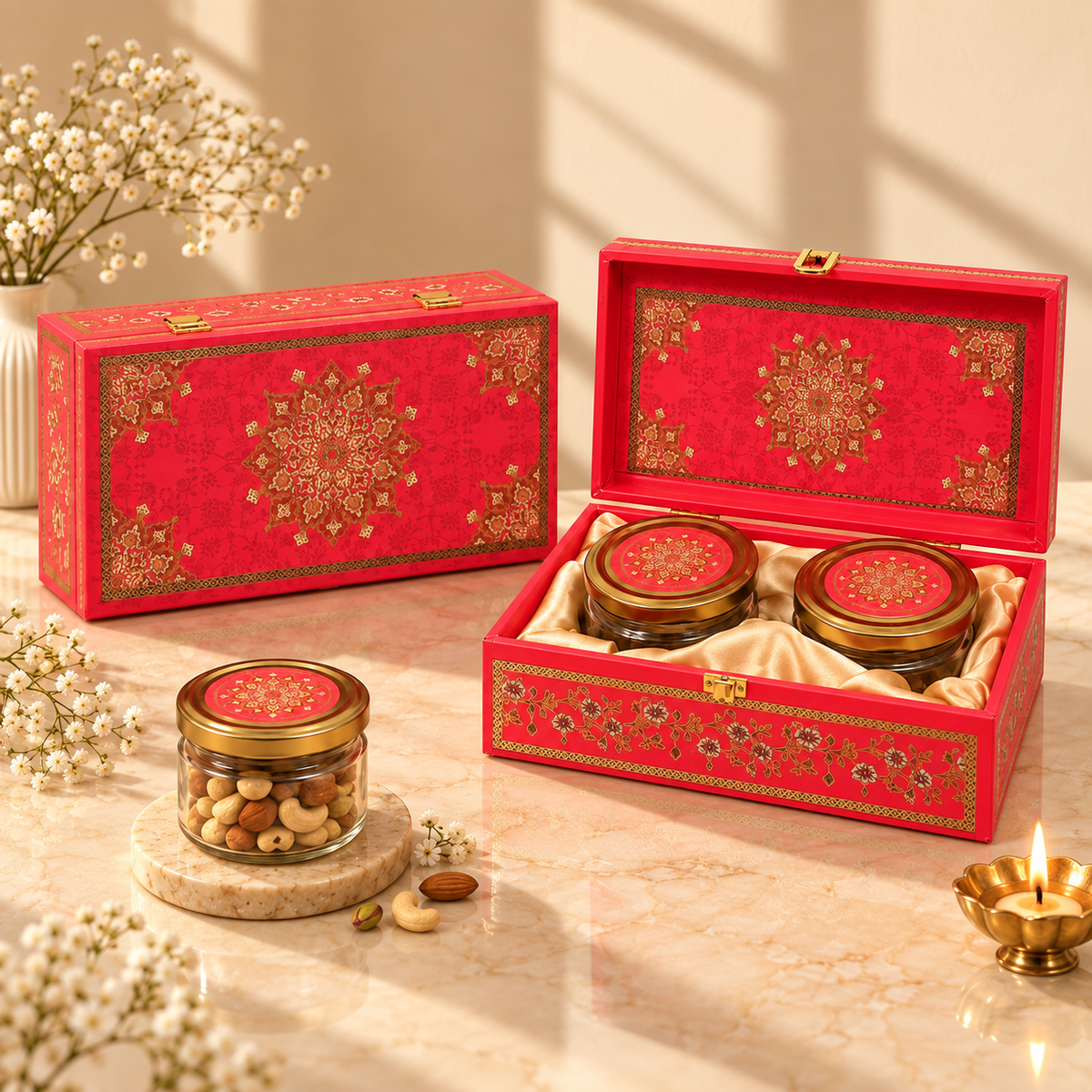 Open Rose Pink Mandala gift box with two empty gold-lid glass jars for customized festive gifting