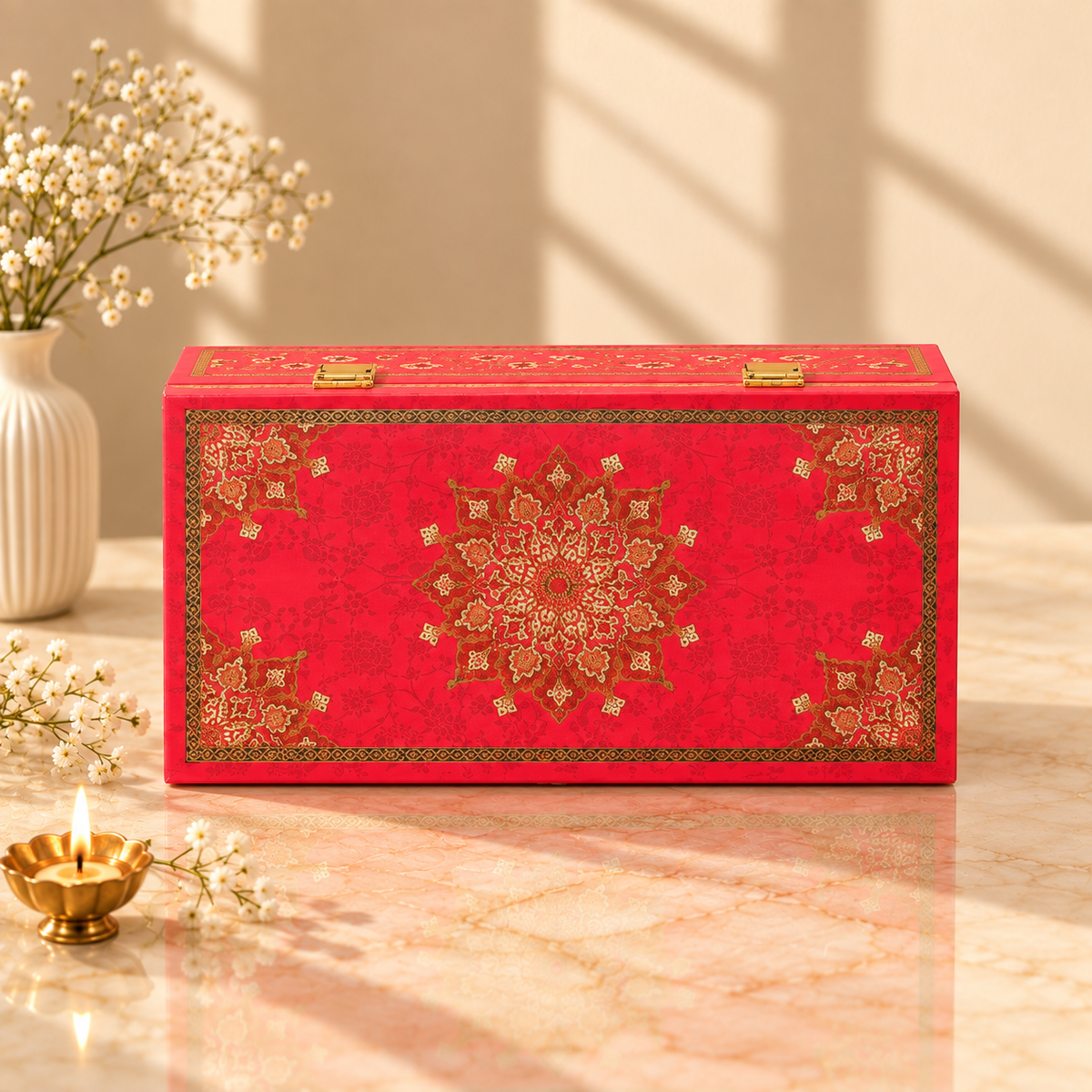 Traditional Rose Pink Mandala festive gift box with two gold-lid glass jars without dry fruits