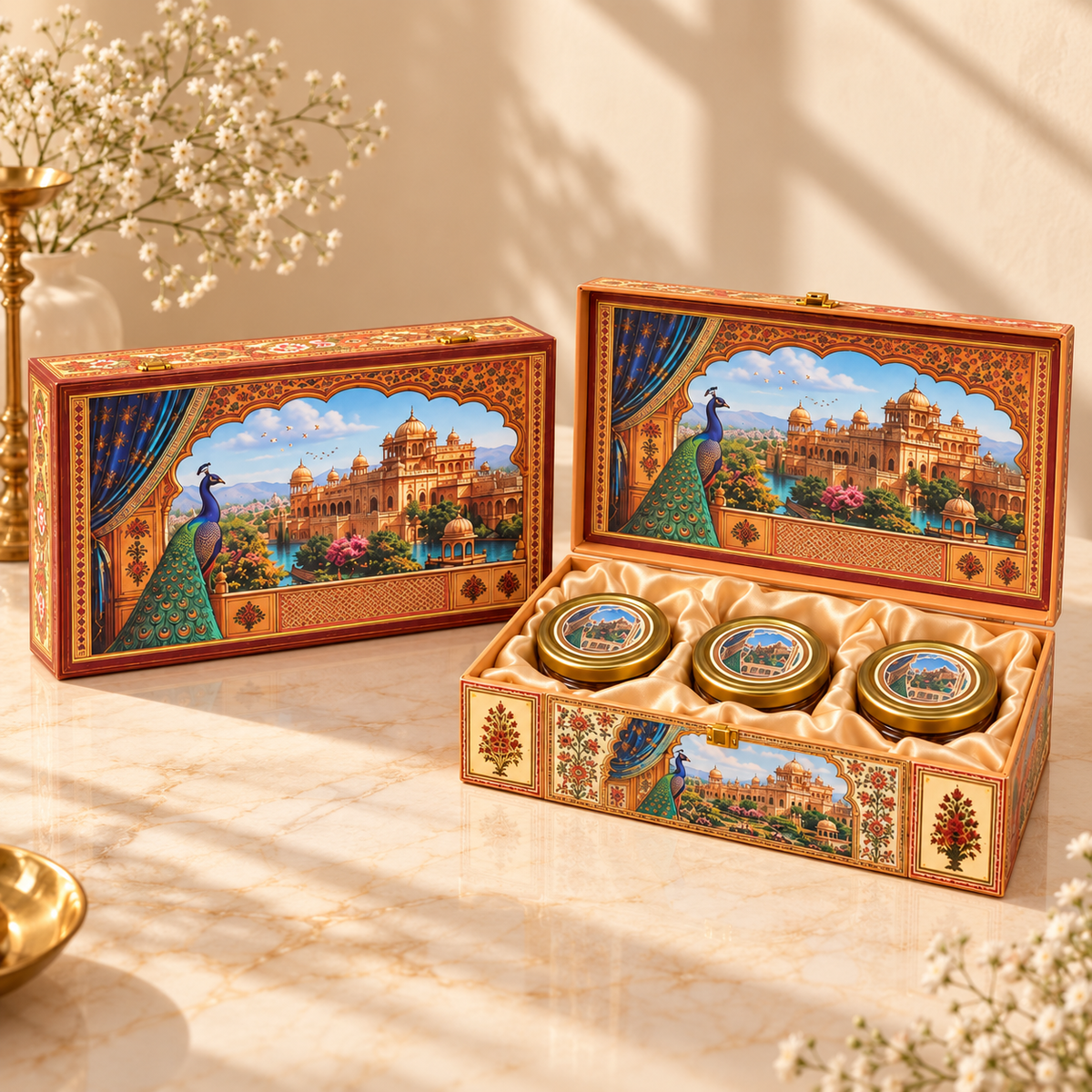 Royal Blue and Gold Palace Peacock gift box with three empty jars arranged in premium satin nesting
