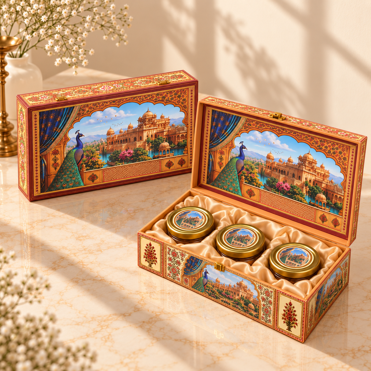 Closed Royal Blue and Gold Palace Peacock luxury festive hamper box with Indian heritage artwork