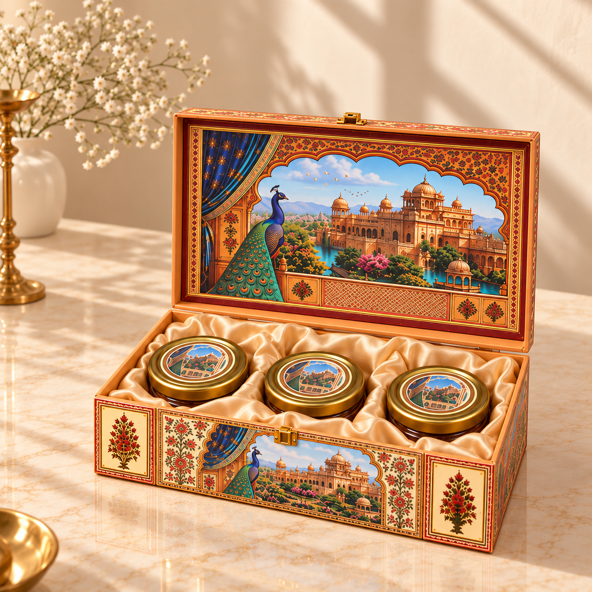 Open Royal Blue and Gold Palace Peacock hamper box with three empty jars and satin nesting