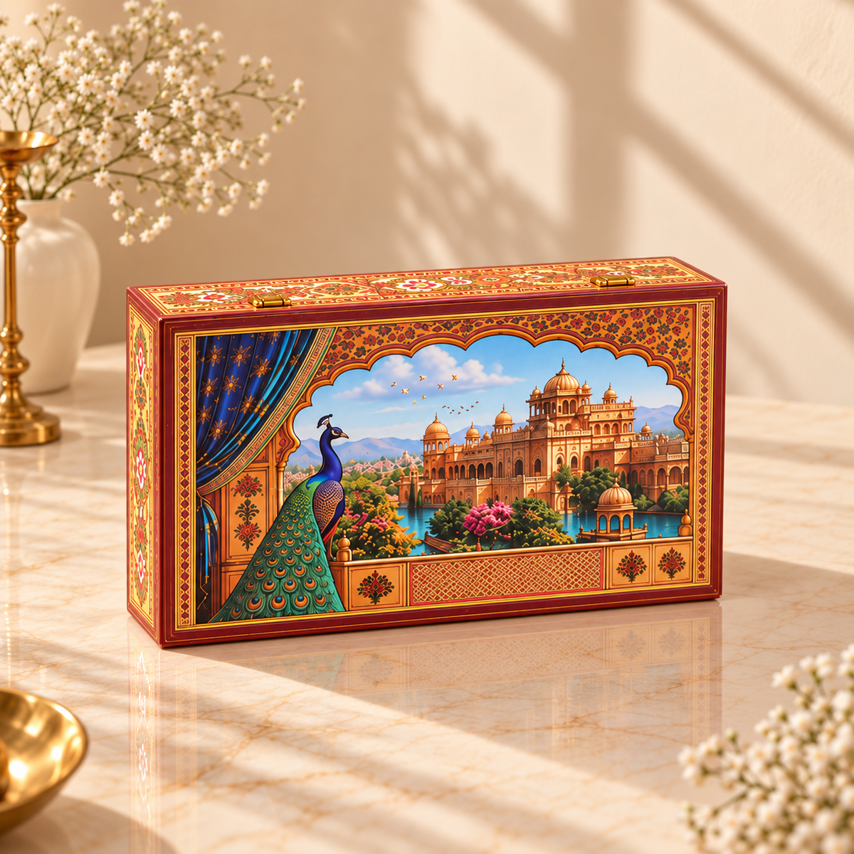 Traditional Royal Blue and Gold Palace Peacock 3-jar luxury hamper box for Diwali and wedding gifting in India