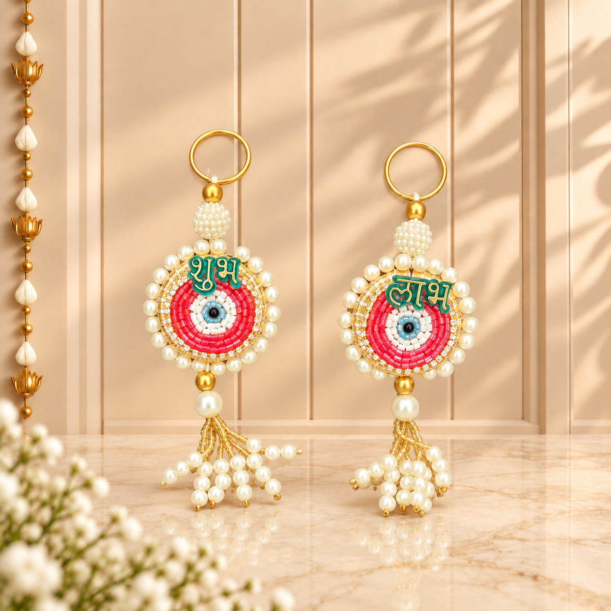 Traditional Shubh Labh hanging latkans with evil eye beads and pearls for Diwali main door decoration in India