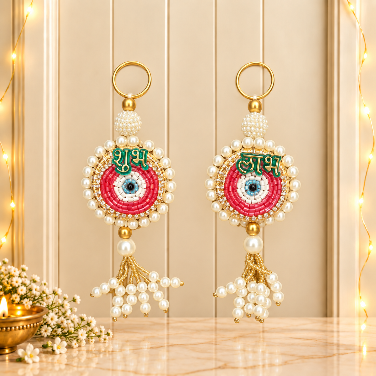 Traditional Shubh Labh latkans with evil eye beads and pearls displayed on main door for Diwali decoration