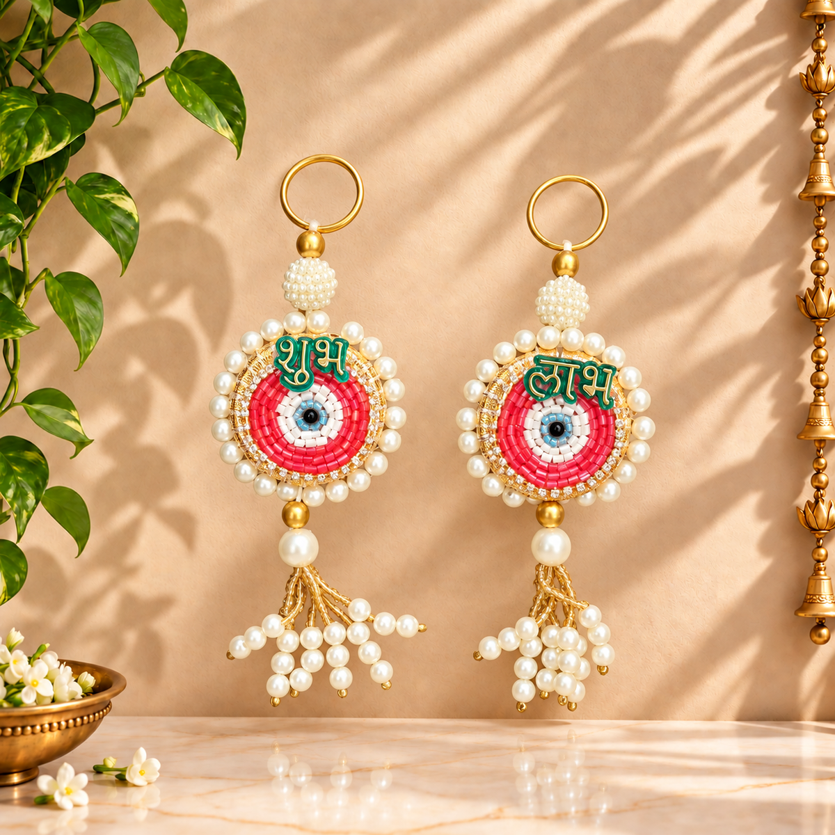 Shubh Labh latkan close-up with evil eye beads, pearl accents and traditional festive detailing