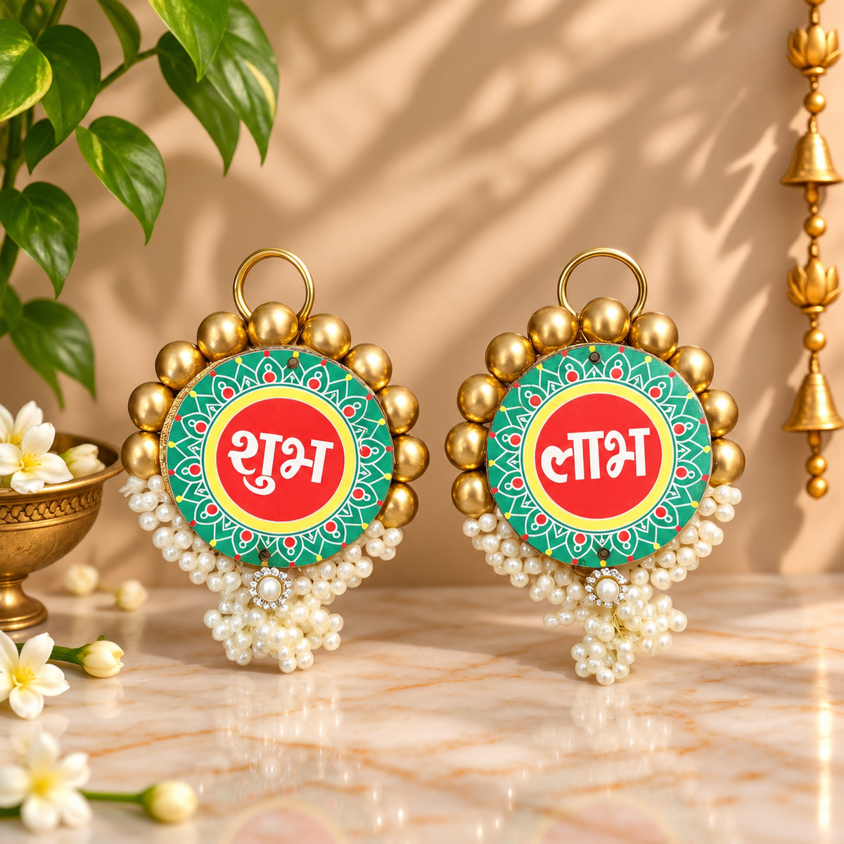 Traditional Shubh Labh hanging latkans with mandala print, gold beads and pearls for Diwali main door decoration