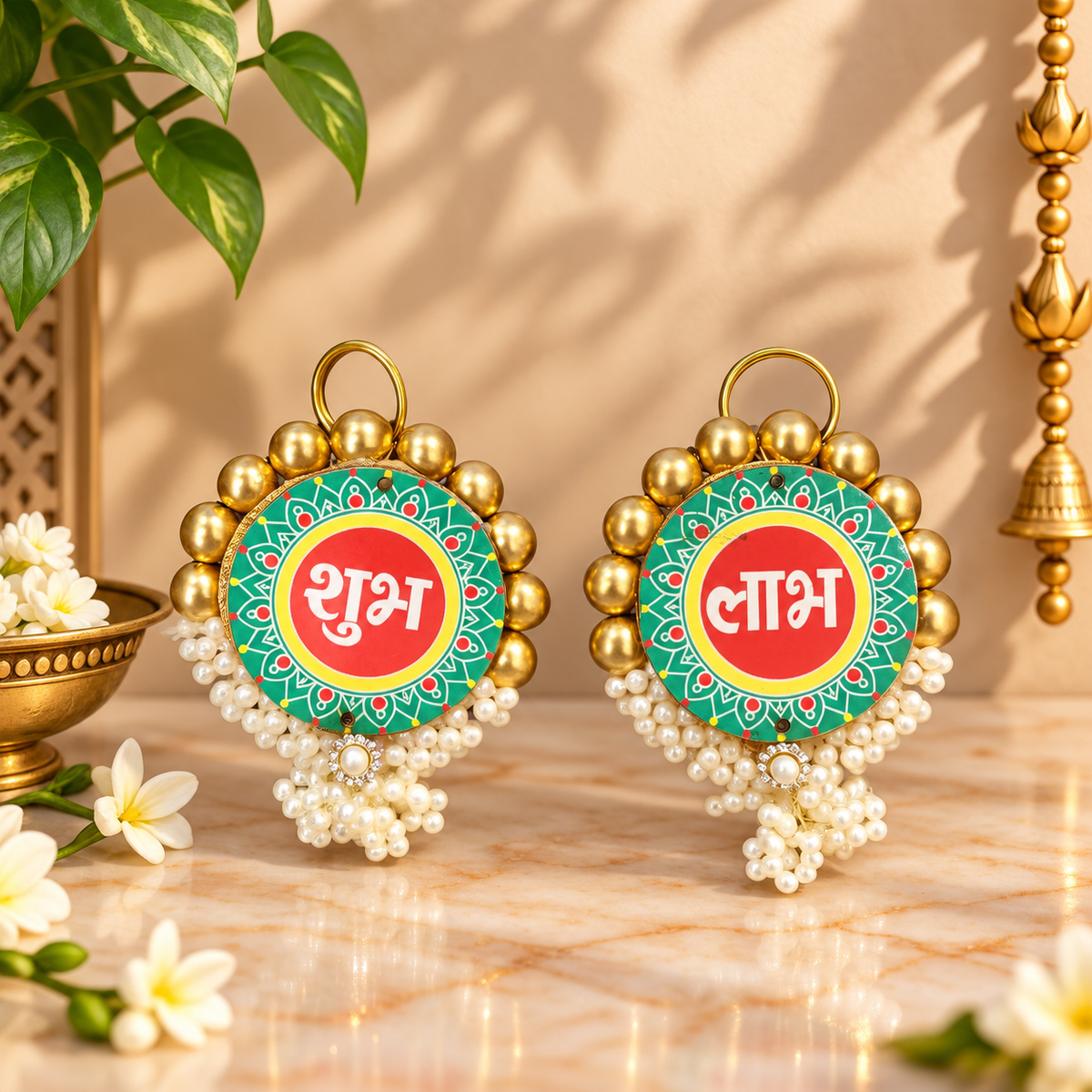 Traditional Mandala Shubh Labh latkans with gold beads and pearls displayed on main door for Diwali decoration
