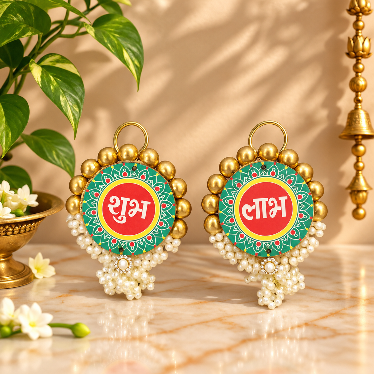 Mandala Shubh Labh latkan close-up with gold bead accents, pearls and traditional festive detailing