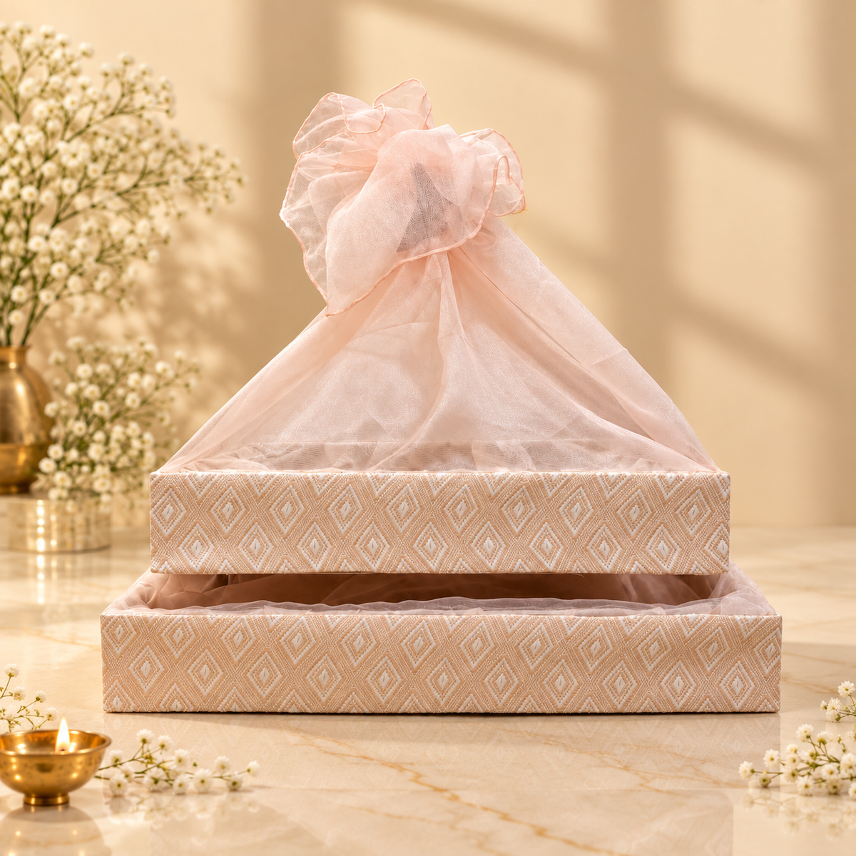 Soft Peach Diamond Lattice 18x12 inch gift tray with sheer pink net cover for wedding trousseau packaging