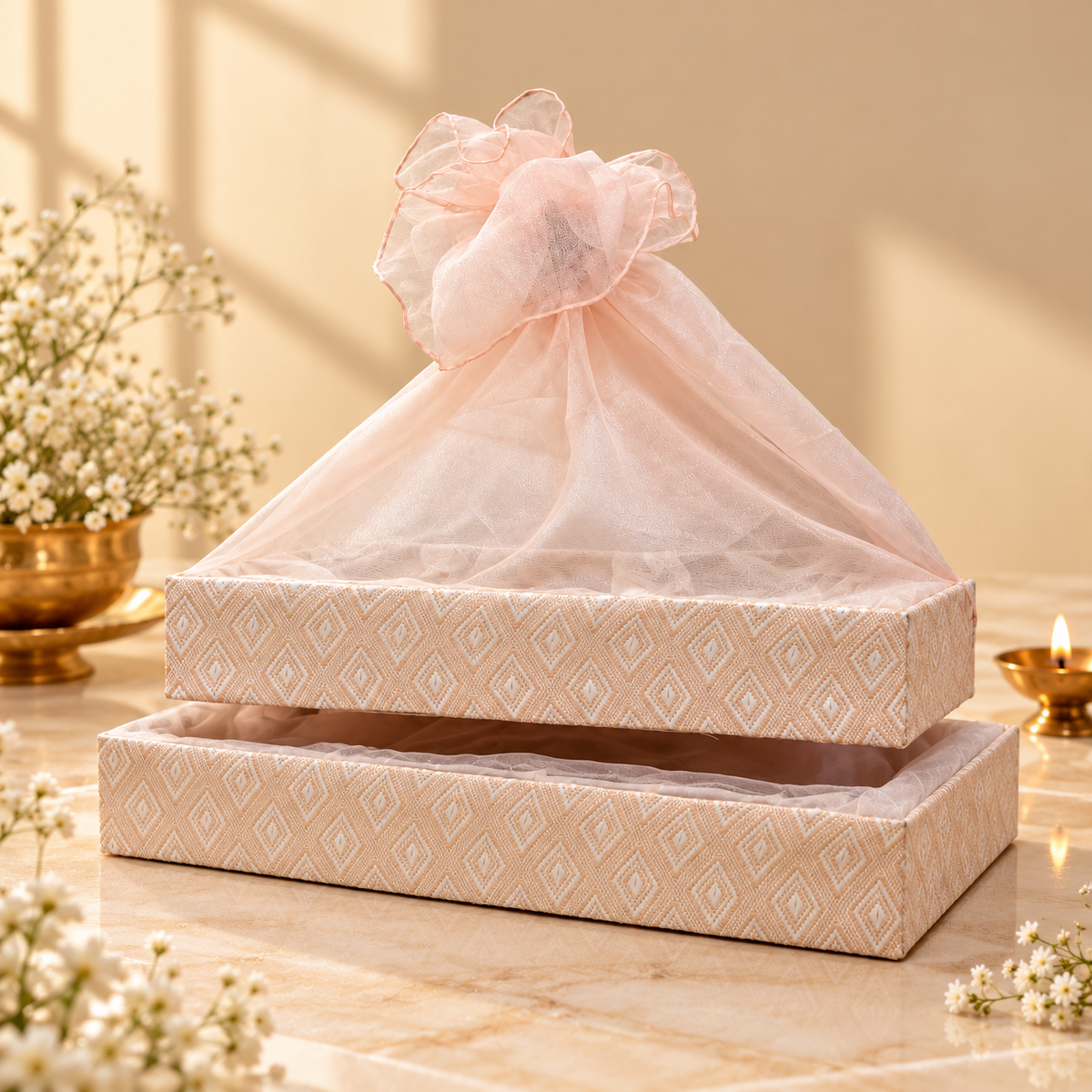 Soft Peach Diamond Lattice nesting tray set of 2 in 18x12 and 21x15 inch sizes with sheer pink net cover
