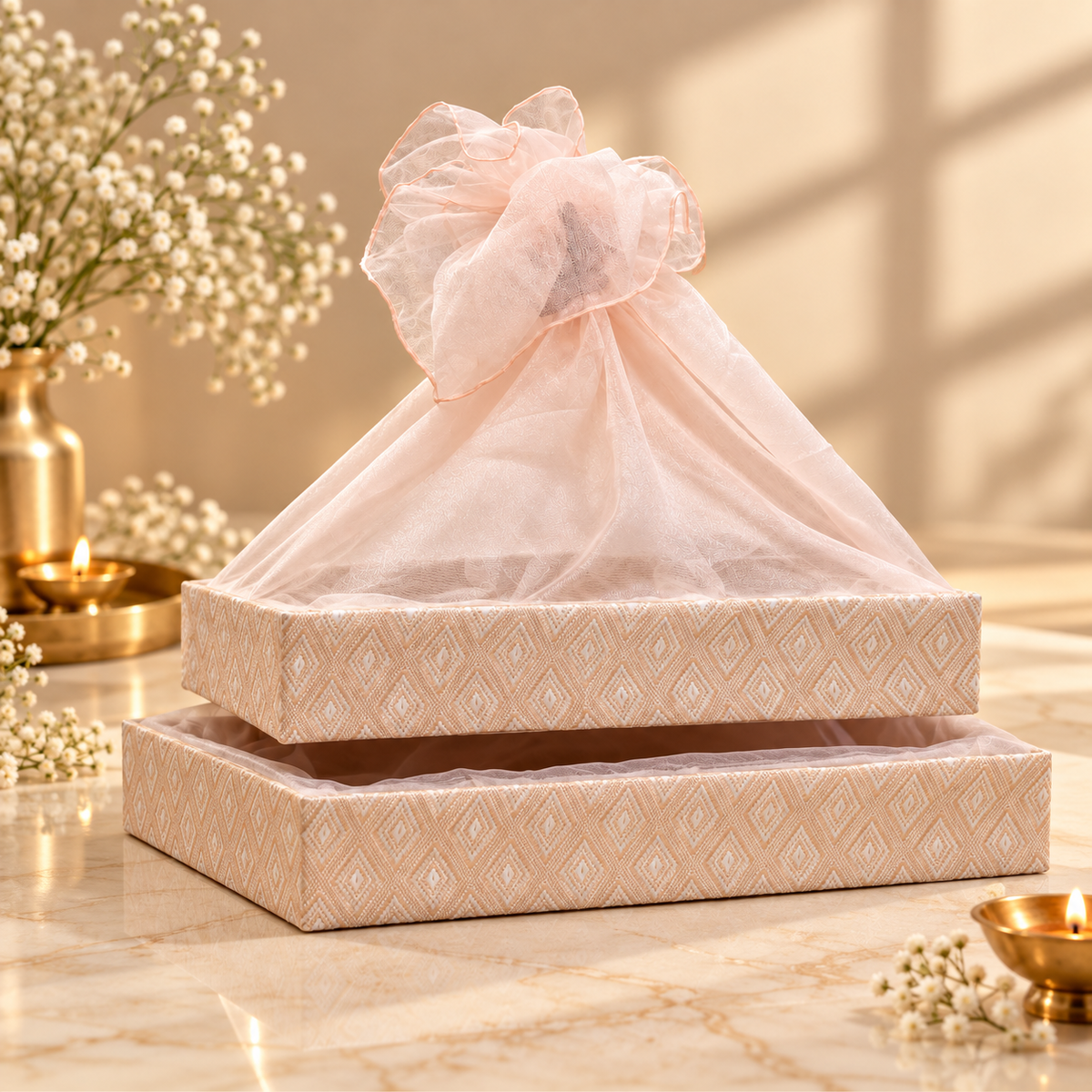 Traditional Soft Peach Diamond Lattice large nesting tray set of 2 with sheer pink net cover for wedding and festive gifting in India