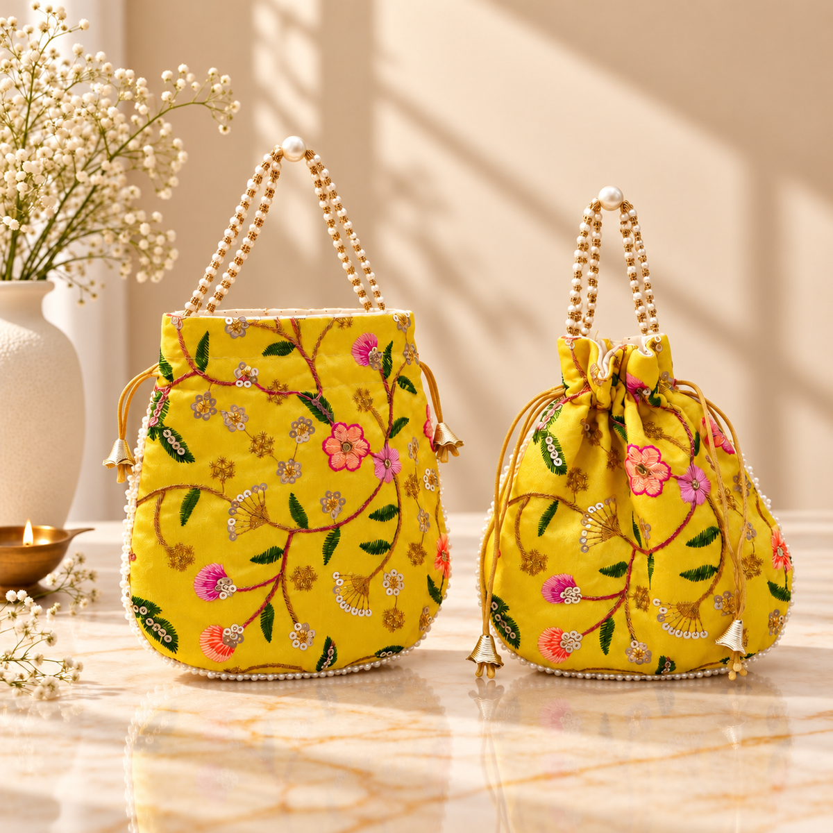Traditional Sunshine Yellow silk potli bag with pink floral embroidery, gold sequins and pearl handle for wedding gifting in India