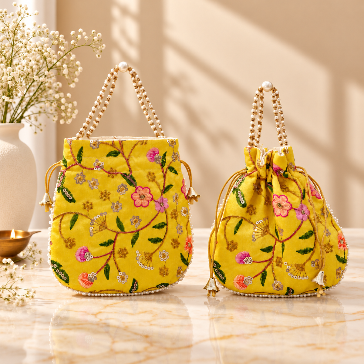 Sunshine Yellow floral potli bag styled for Haldi, wedding return gifts, bridal trousseau and festive gifting
