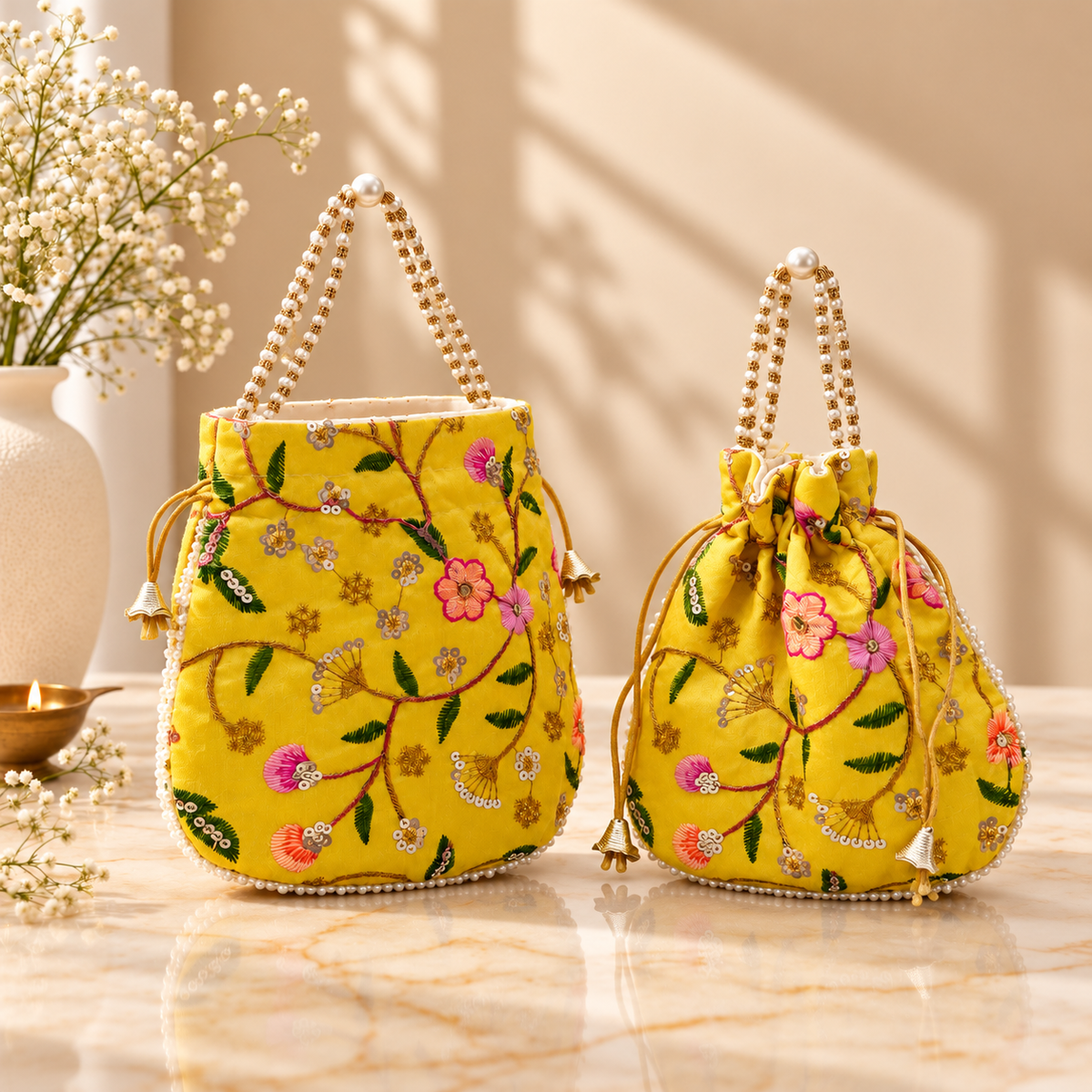 Sunshine Yellow silk potli bag close-up with pink floral vine embroidery and gold sequin detailing