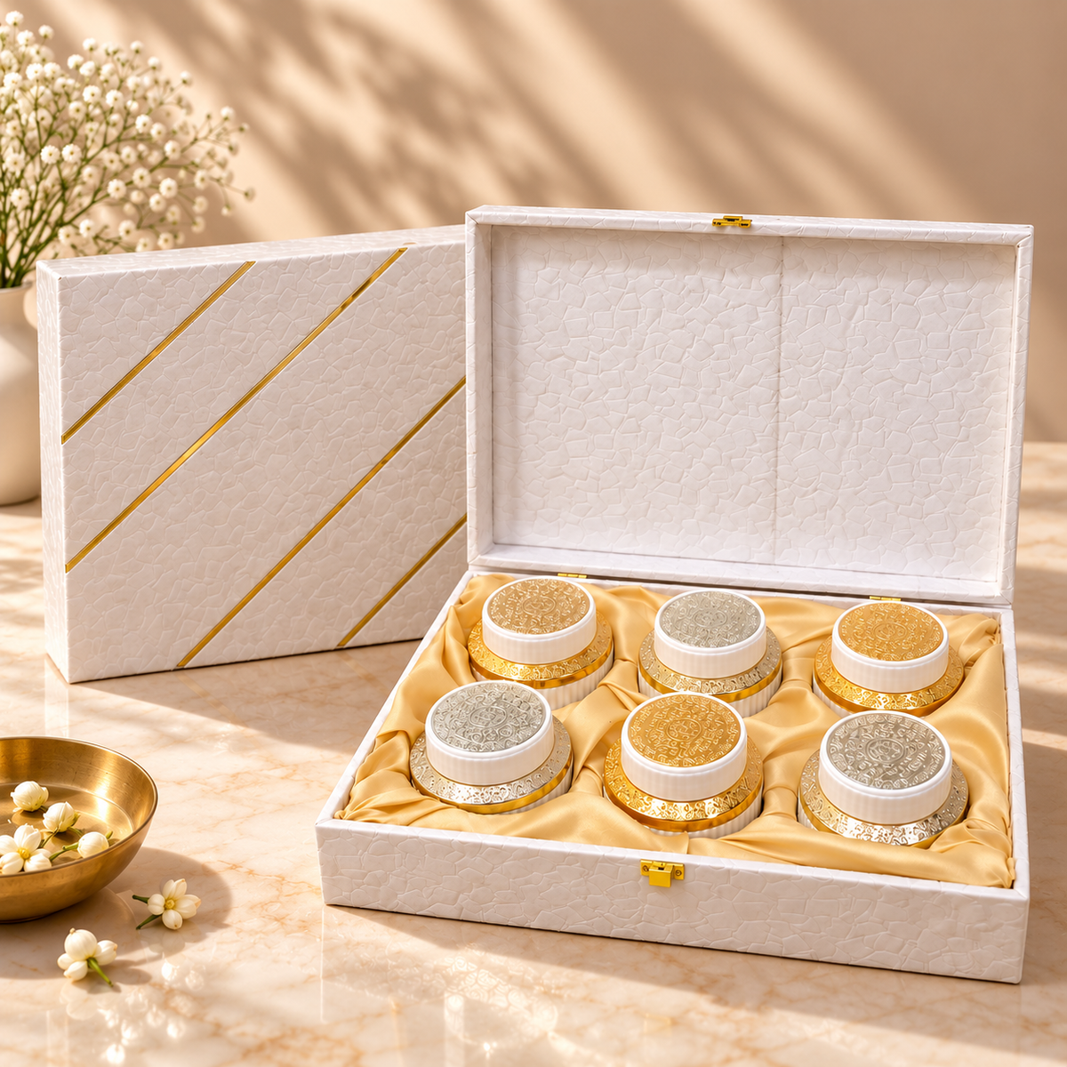 Open White and Gold Textured 6-jar gift box for dry fruits, sweets, chocolates and festive gifting