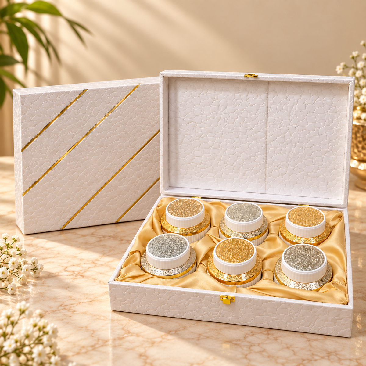 Premium White and Gold Textured luxury gift box for Diwali, wedding and corporate gifting 