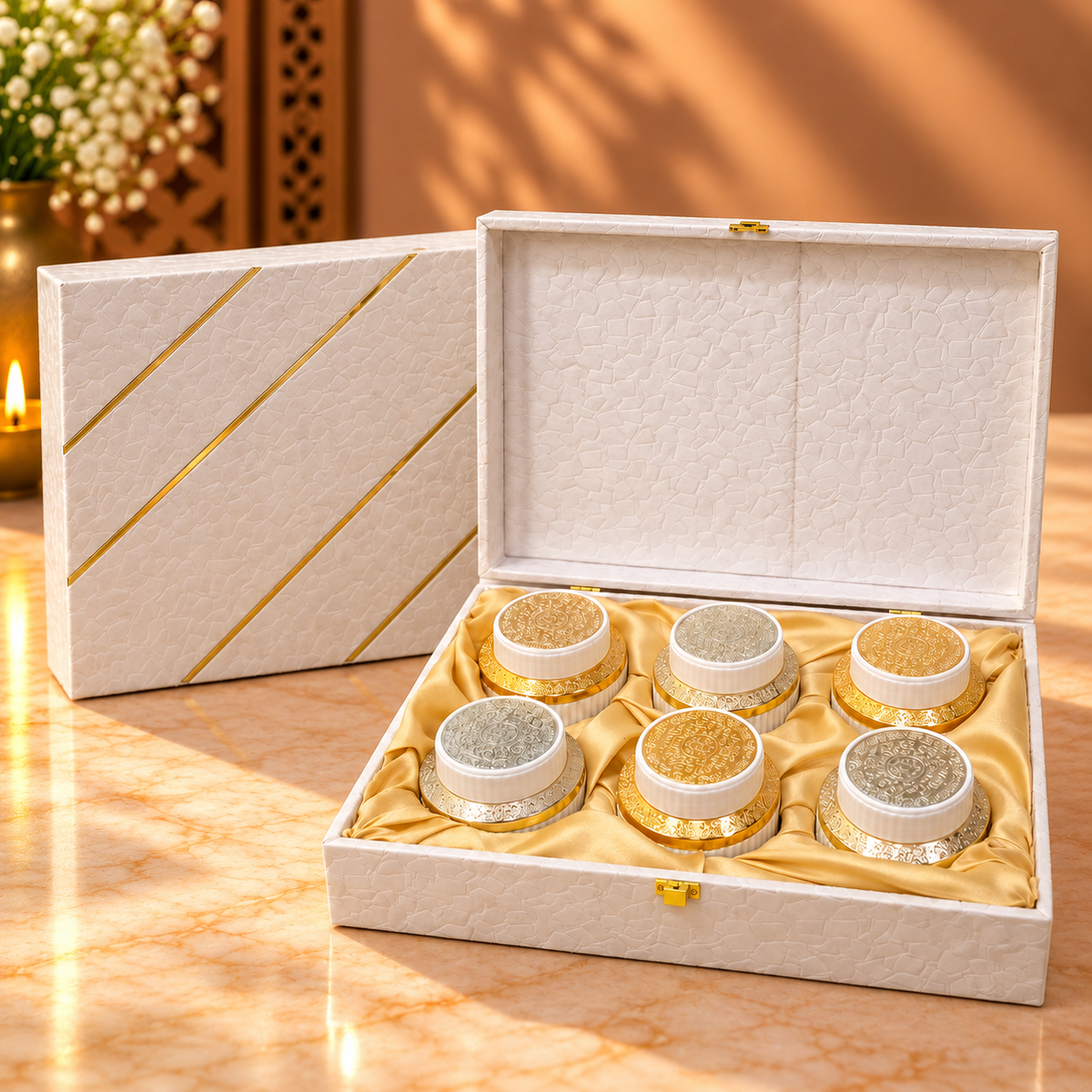 White and Gold Textured 6-jar luxury dry fruit gift box measuring 13.5 x 9.5 x 4 inches