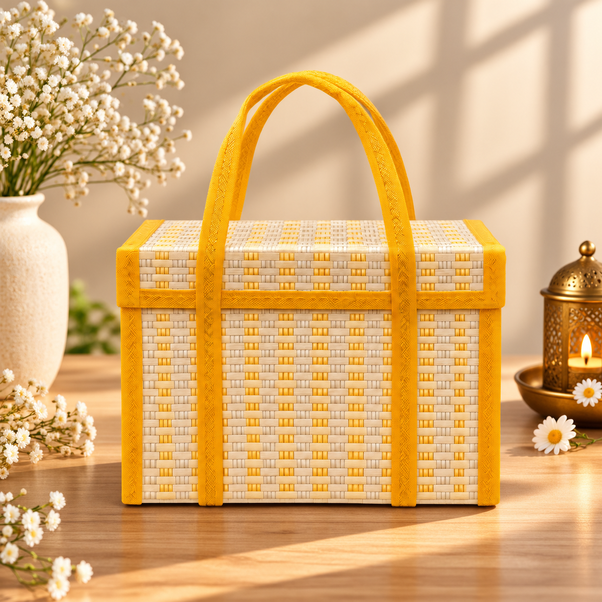 Premium yellow Thambulam gift hamper bag for haldi, wedding and traditional Indian gifting