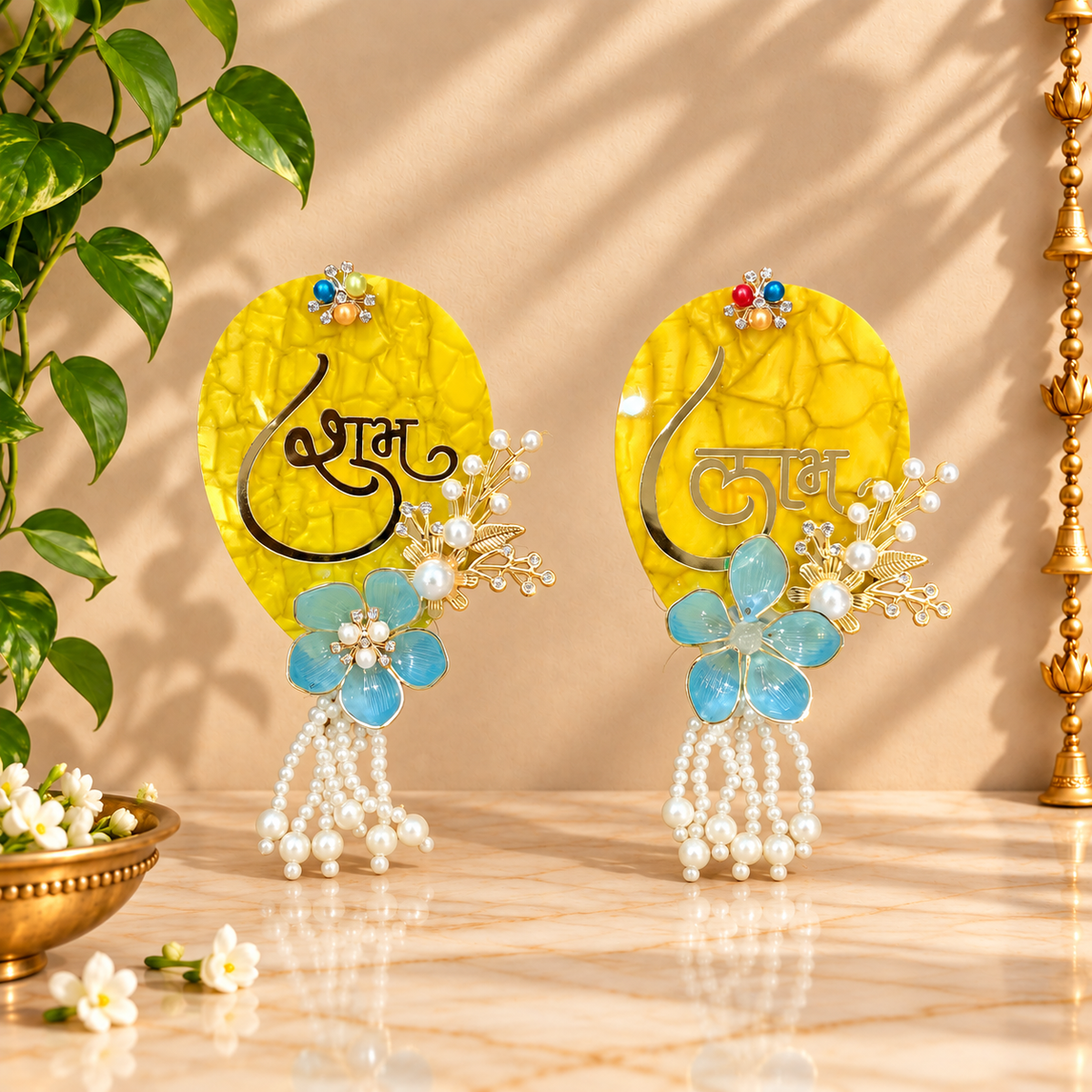 Yellow and Blue Floral Shubh Labh plaques displayed on main door for Diwali and Gruh Pravesh decoration